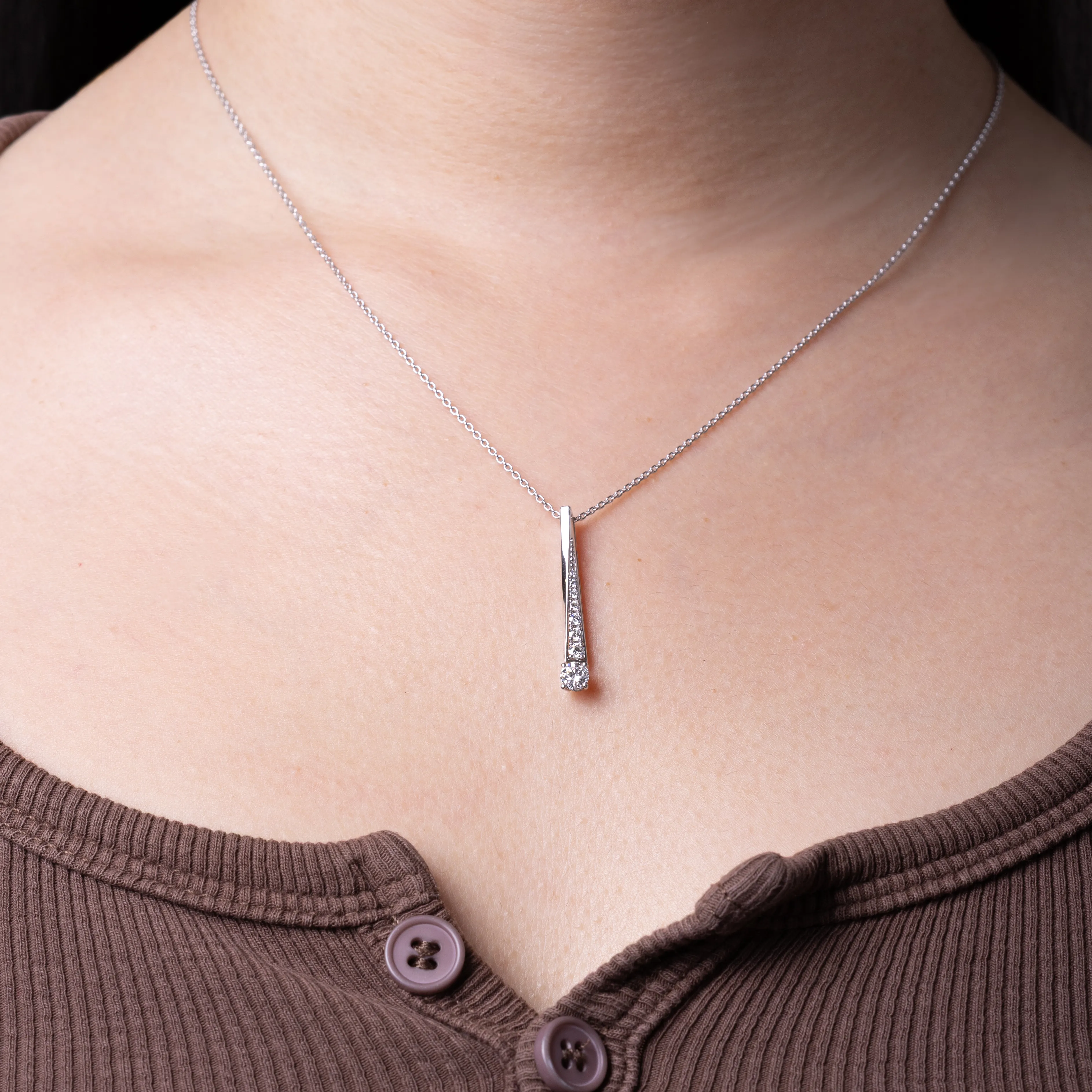 BrilliantC Still Tapered Diamond Necklace in Platinum - Worn on Model - DeGem Malaysia
