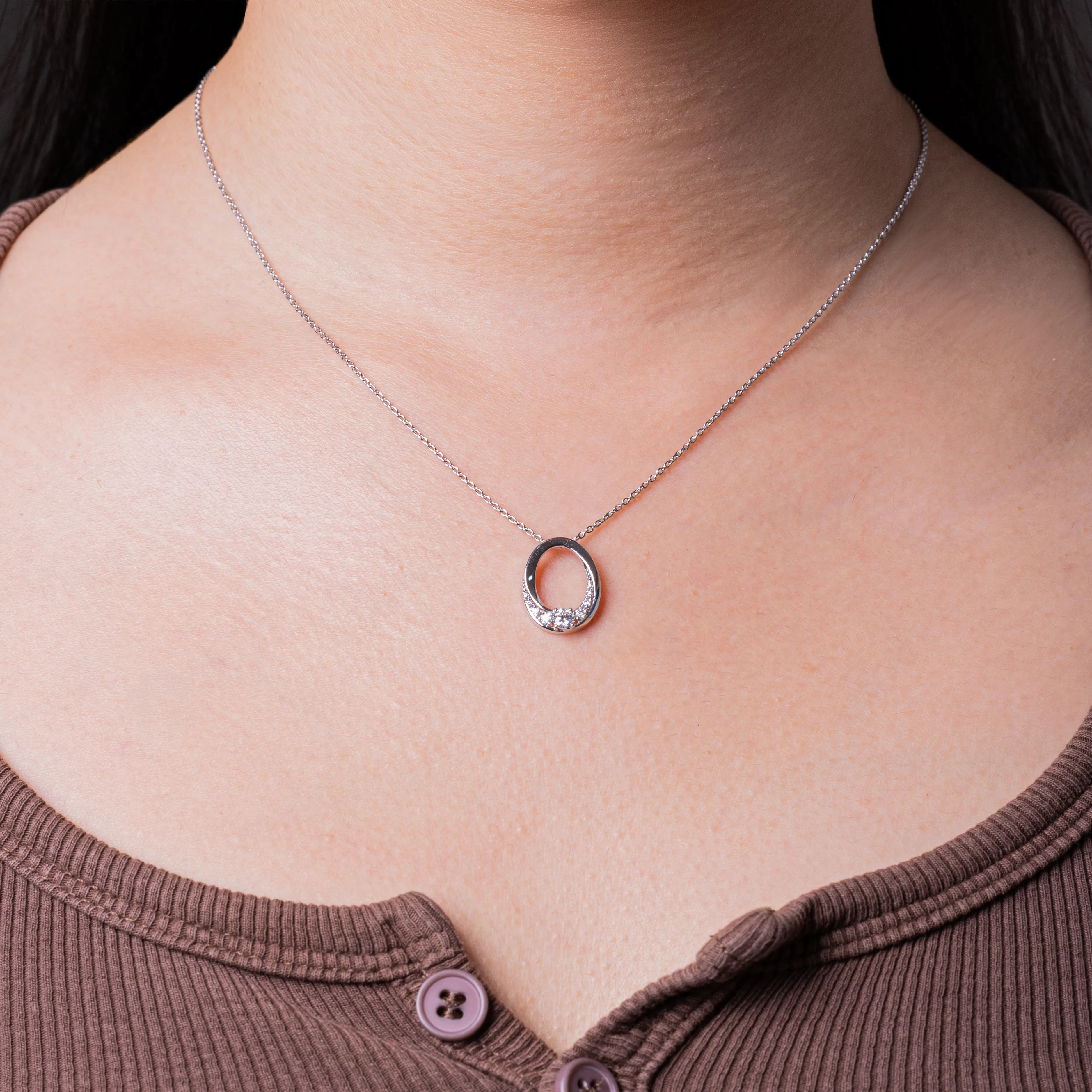 BrilliantC Still Oval Diamond Necklace in Platinum - Worn on Model - DeGem Malaysia