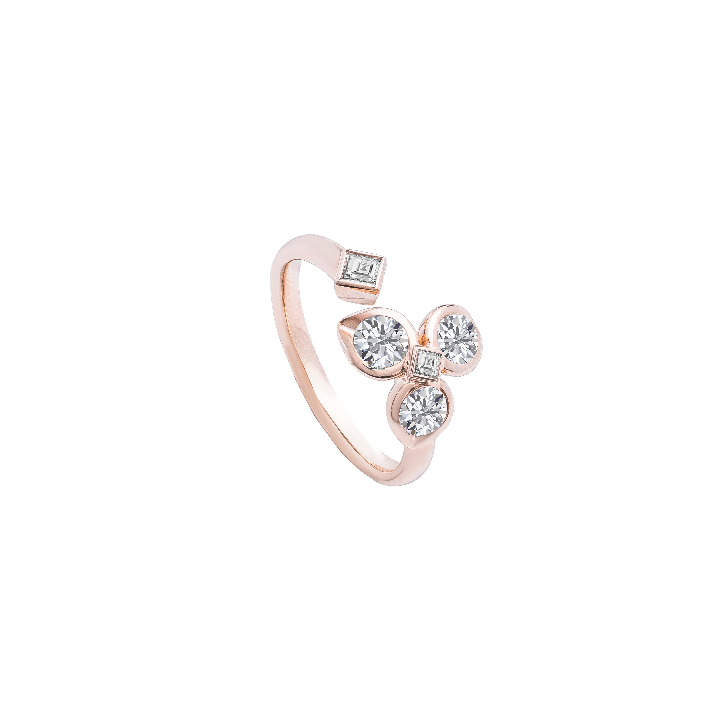 BrilliantC Rose Clover Diamond Ring in 18K Rose Gold - Angled View - DeGem Malaysia