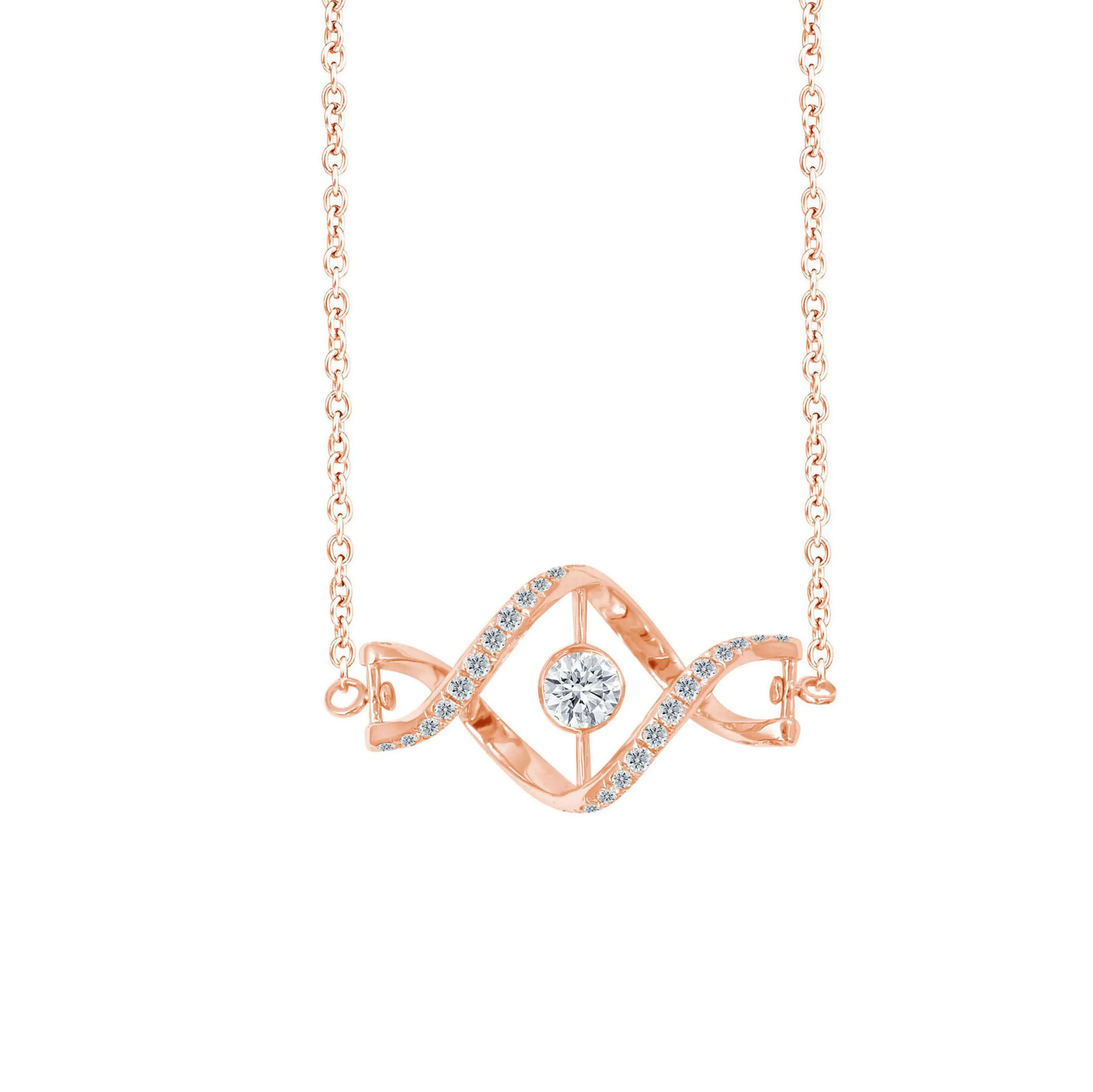 DeGem DNA Diamond Necklace Inspired by the DNA Double Helix Motifs, Fashioned with 18K Rose Gold and a Round Brilliant Diamond Center Stone - DeGem Malaysia