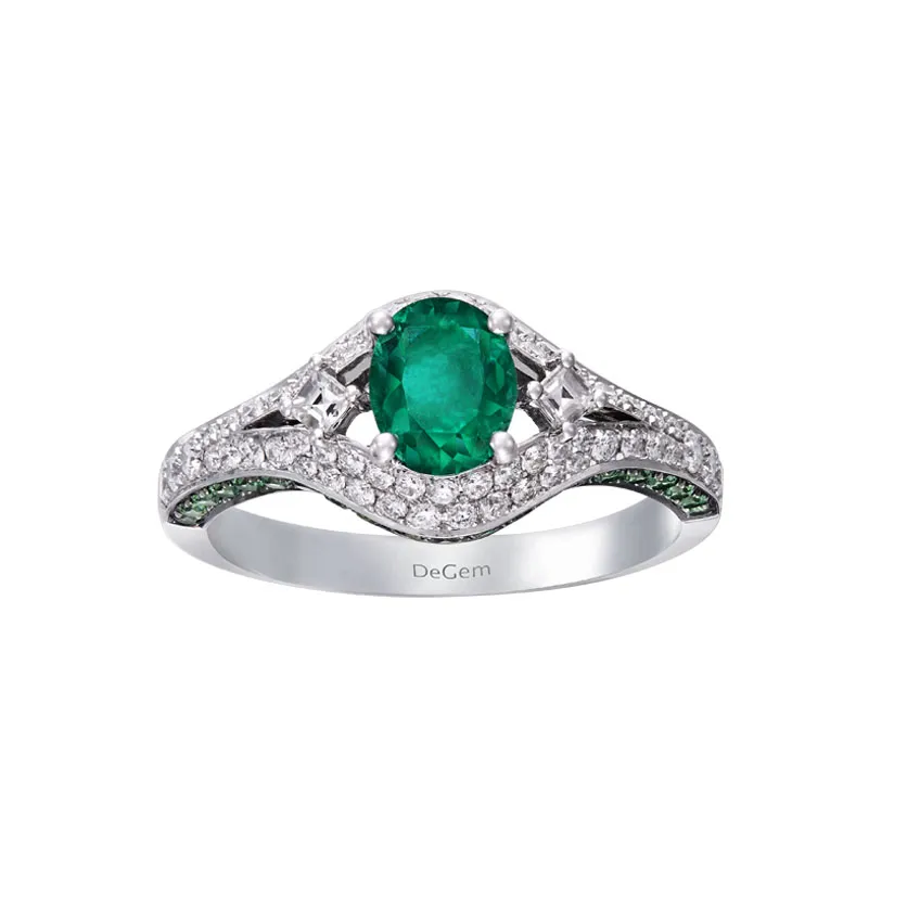 Infinity Precious Oval Emerald And Diamonds 18K White Gold Engagement Ring - DeGem Malaysia