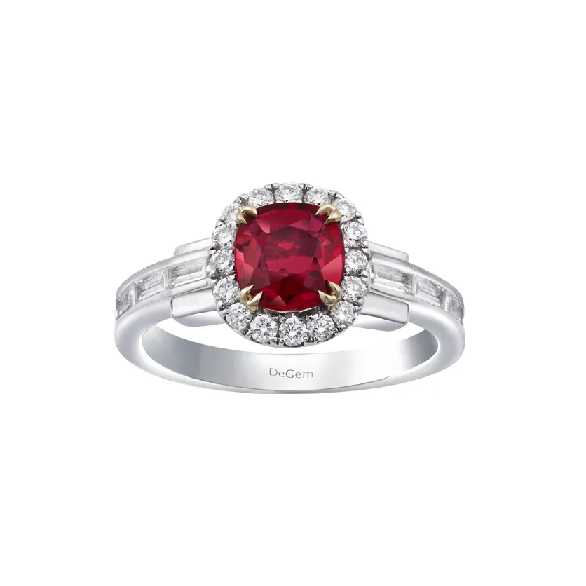 Infinity Precious Cushion Cut Ruby And Round Diamonds 18K White Gold Engagement Ring - DeGem Malaysia