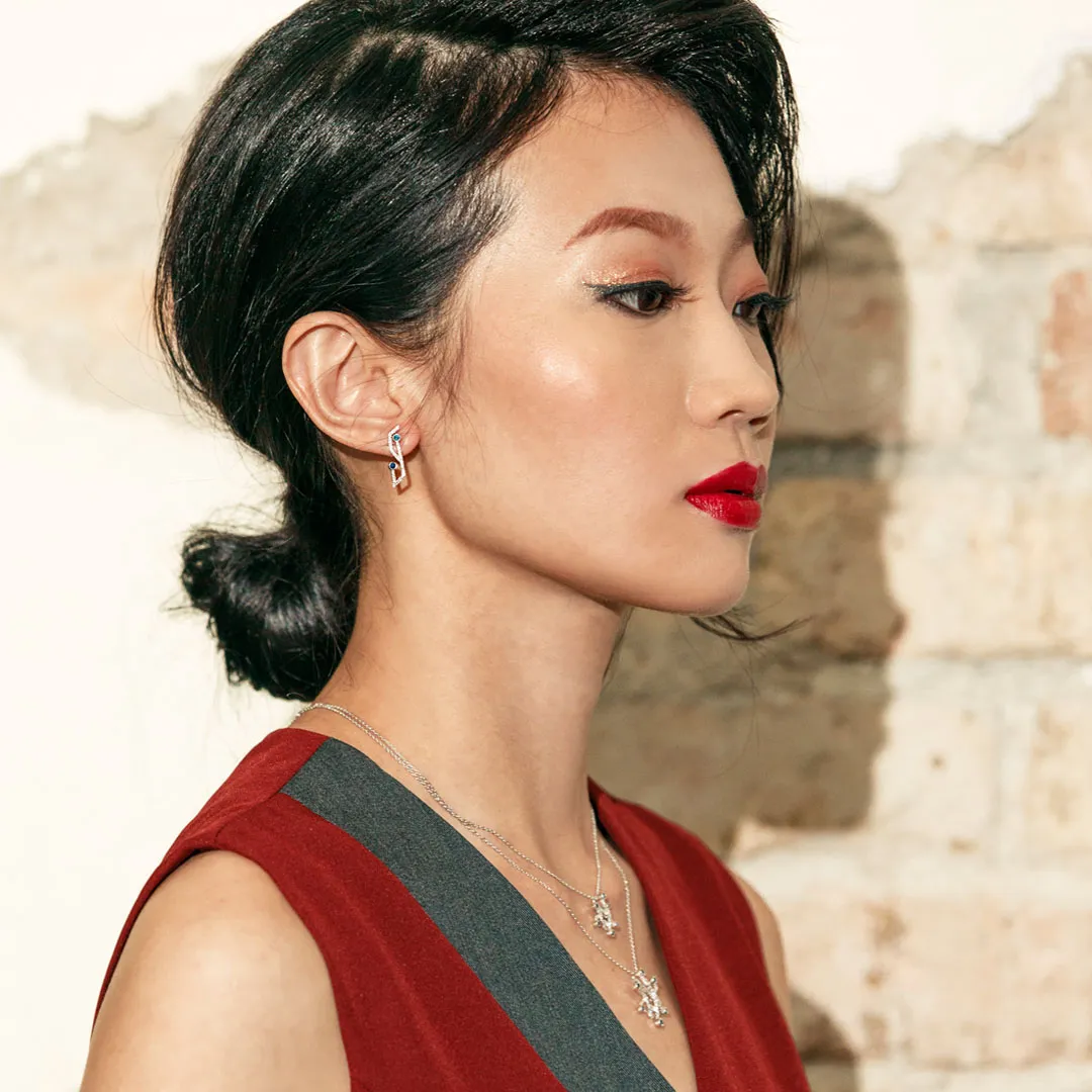 Soleluna Adgy Sapphire Diamond Earrings Set in 10K White Gold with 4 Blue Sapphire and 60 Pieces of Diamonds - DeGem Malaysia