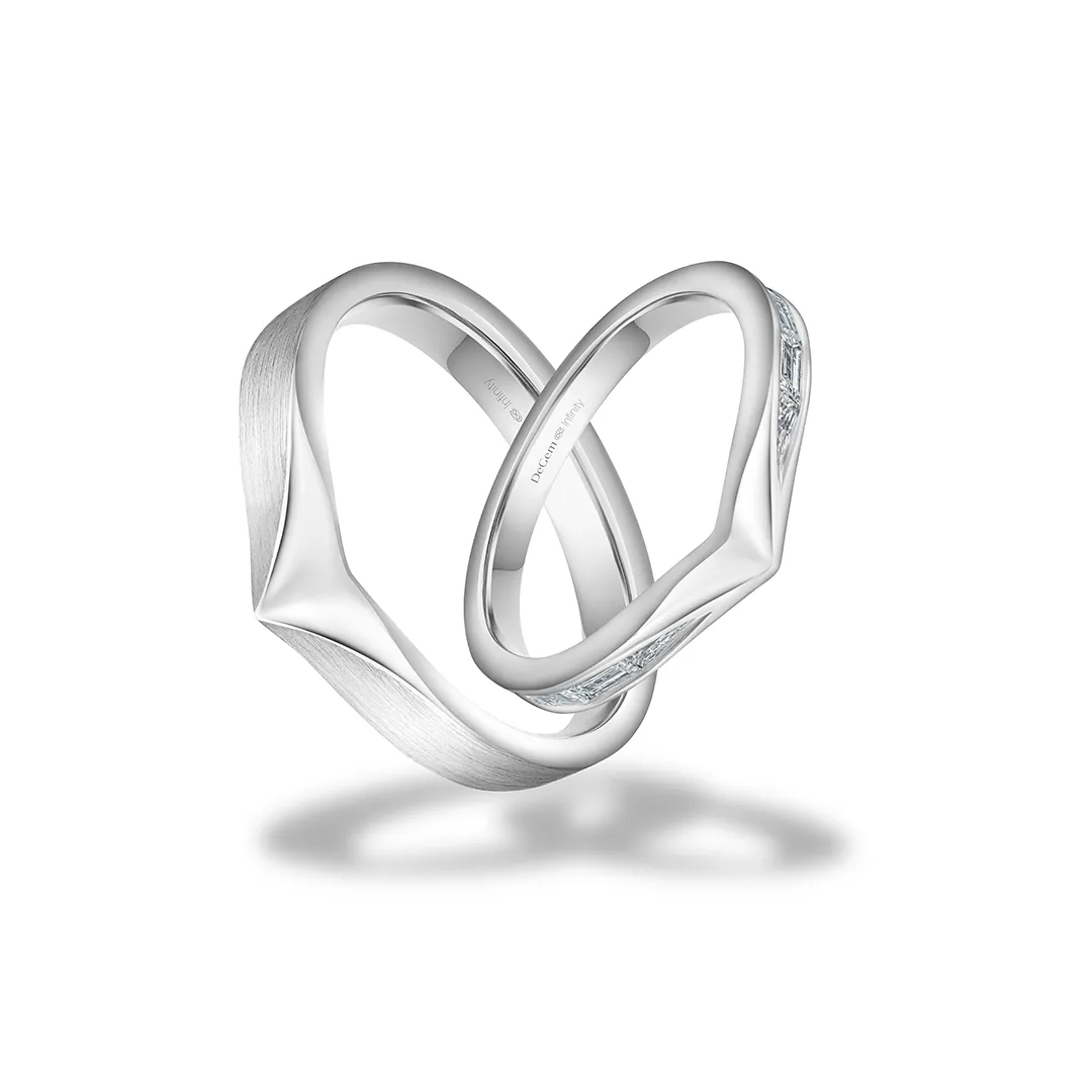 INFINITY® VIE Wedding Band Featuring 18K White Gold, And 8 Baguette, Tapered Diamonds On The Female Band - DeGem Malaysia