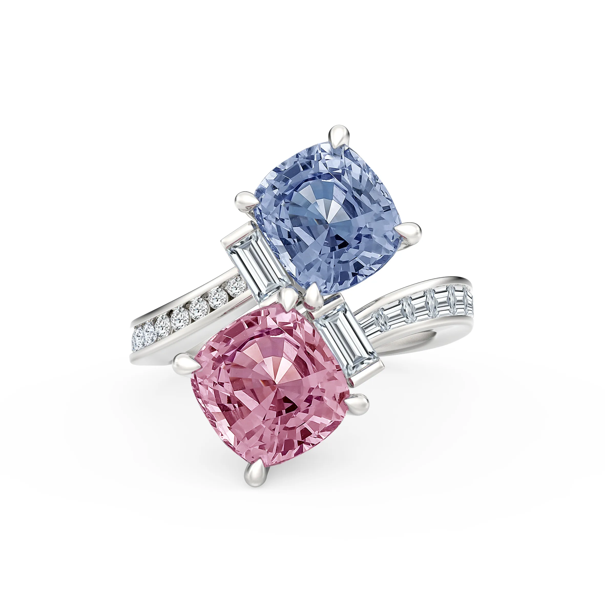 DeGem Toi Et Moi 18K White Gold Ring With Cushion Shaped Pink and Purple Spinel And Diamonds - DeGem Malaysia