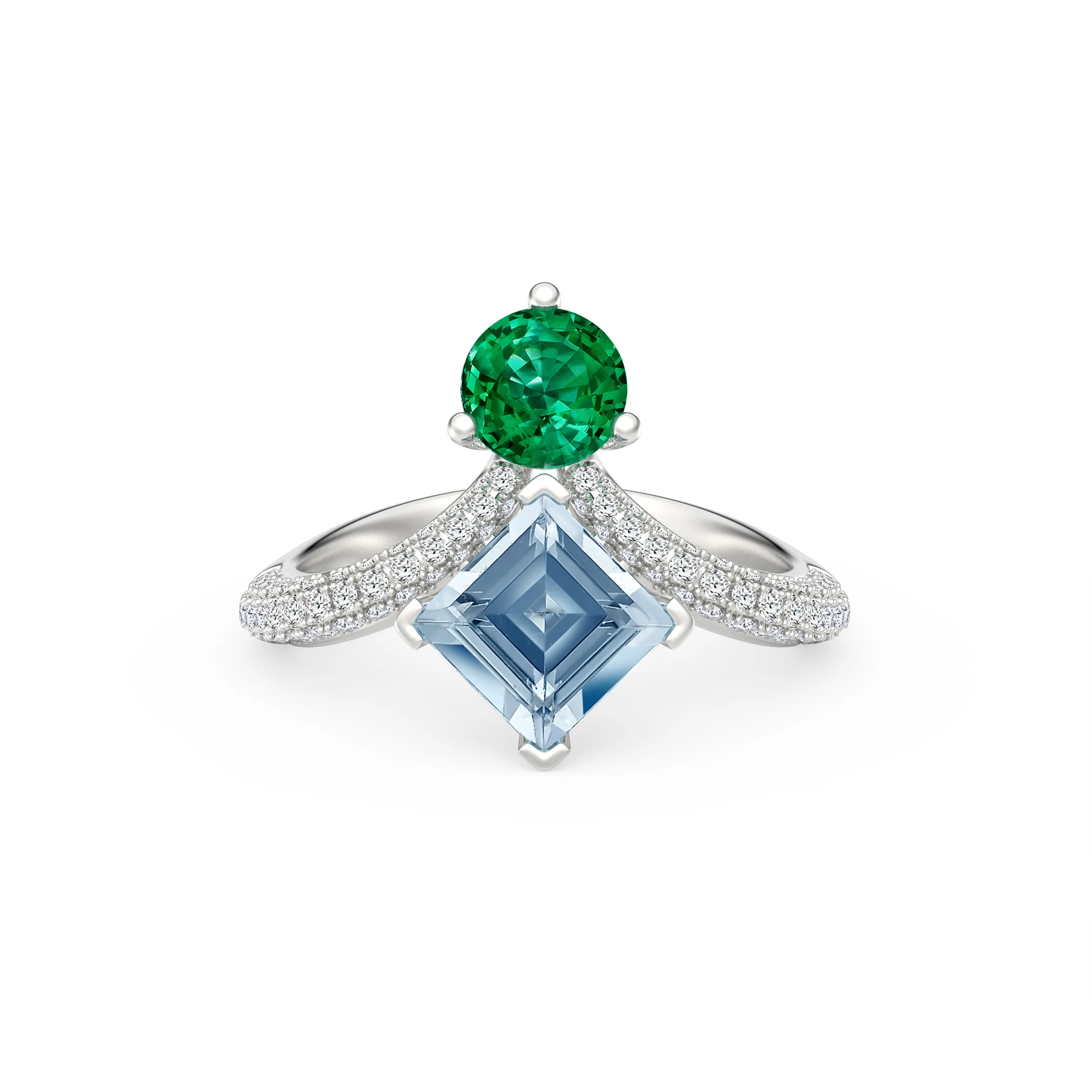 DeGem Toi Et Moi 18K White Gold Ring With Square Aquamarine, Round Emerald And Round Brilliant Diamonds - DeGem Malaysia