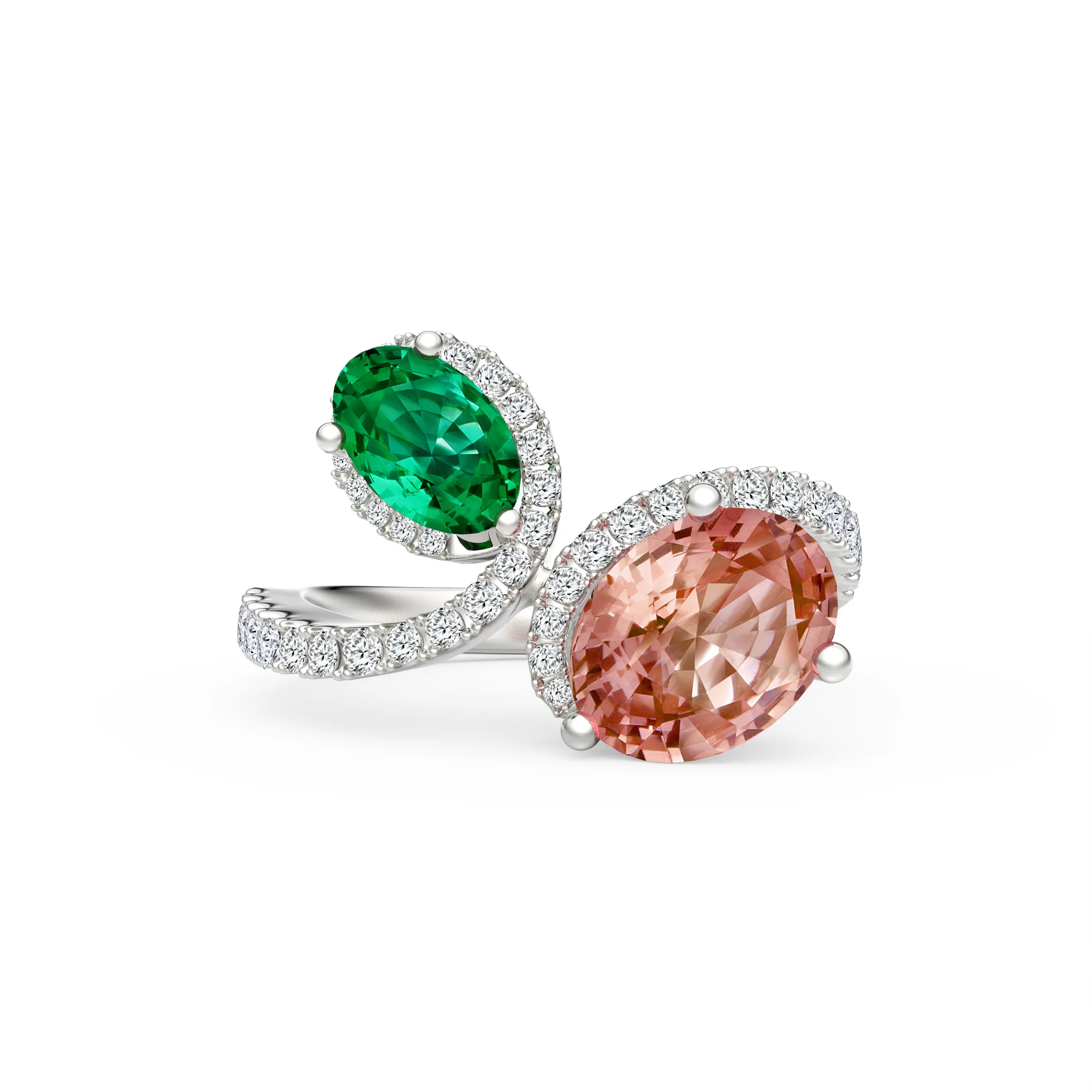 DeGem Toi Et Moi Oval Orange-Pink Spinel & Emerald Diamond Ring In 18K White Gold - DeGem Malaysia