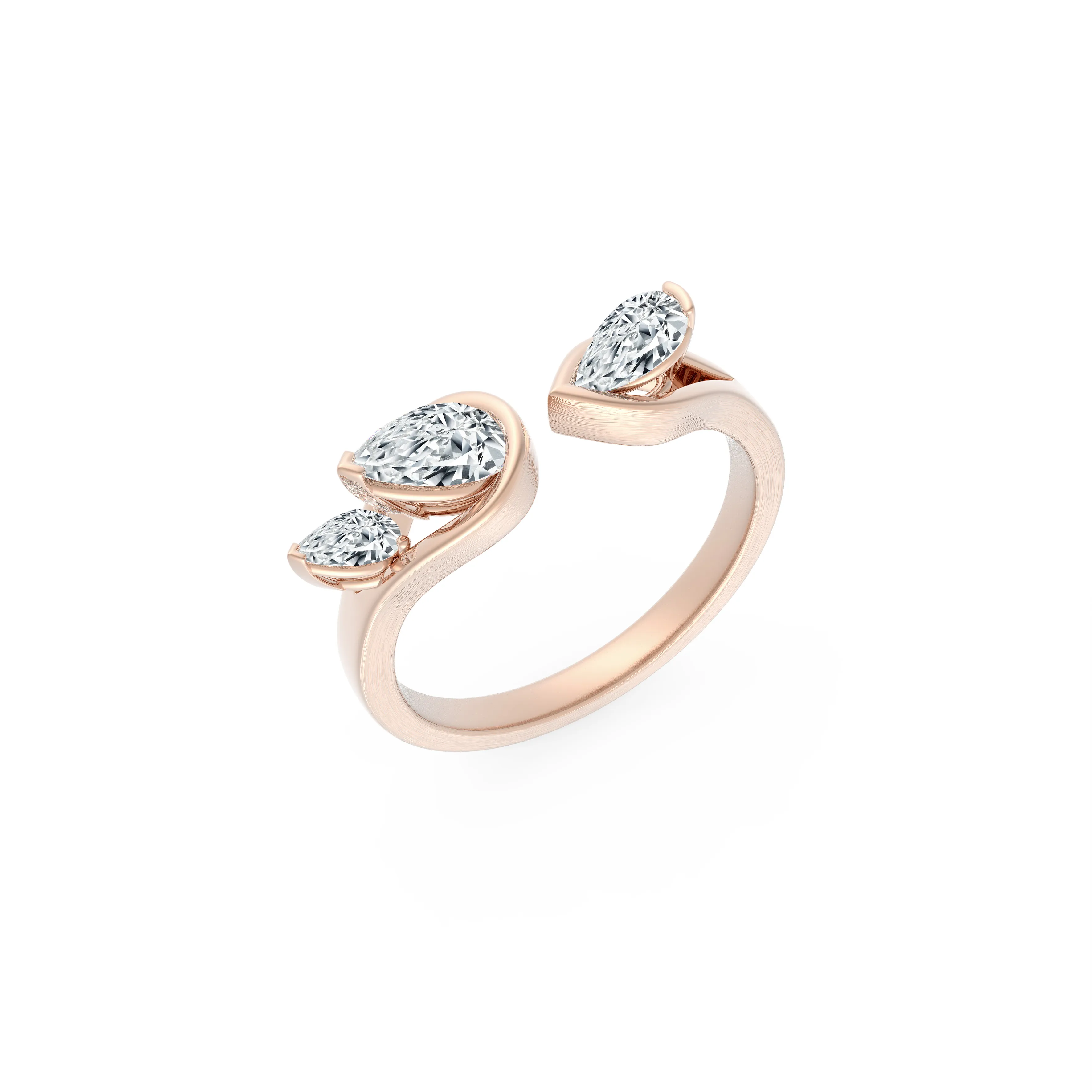 DeGem Respirer Three-Stone Pear Diamond Ring In 18K Rose Gold Featuring a Cascading Effect of Light with Three Pear-Cut Diamonds Magnificently Lifted in Innovative Standing Positions - DeGem Malaysia