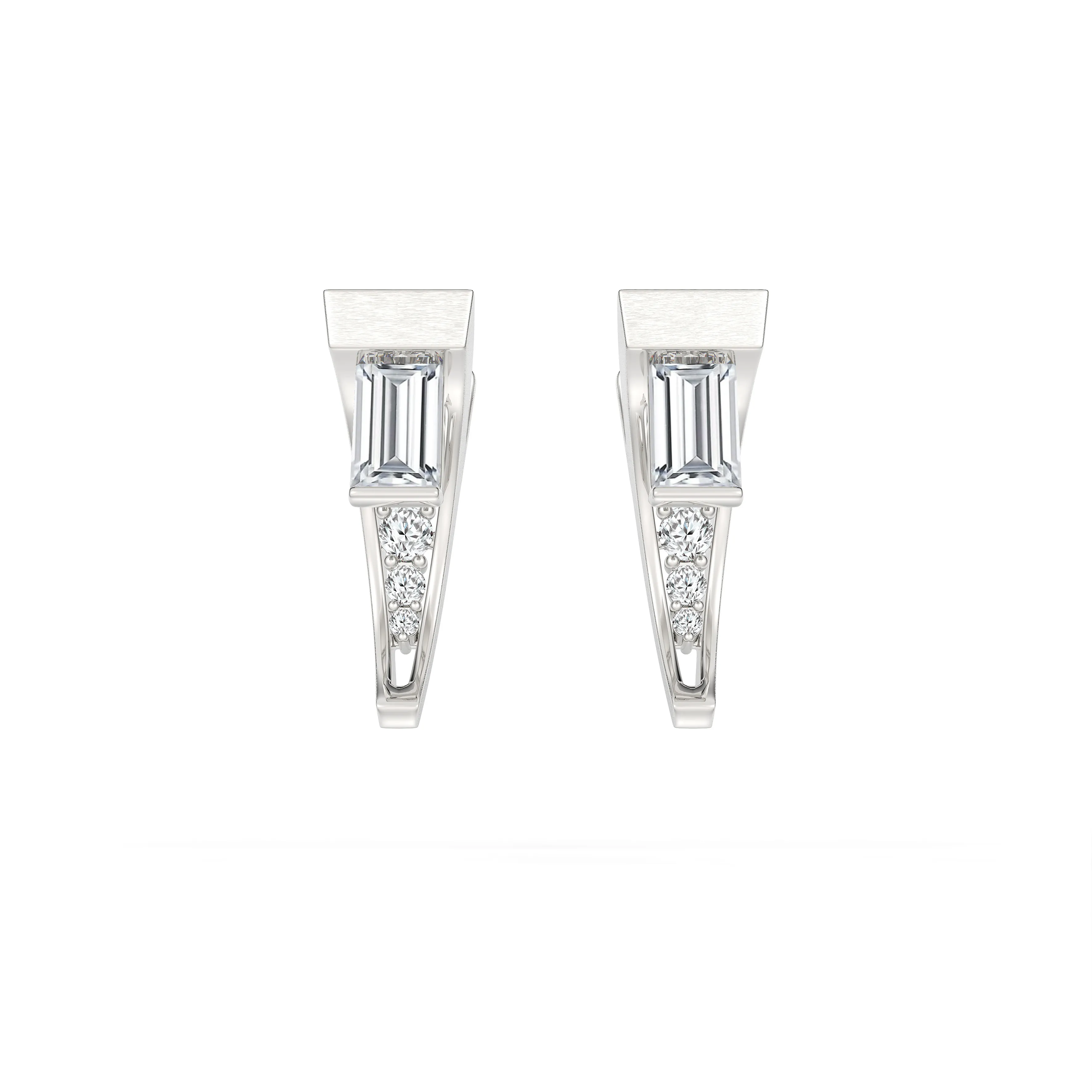 DeGem Respirer Baguette Diamond Earrings Set in 18K White Gold with 2 Baguette Cut Diamonds and 6 Round Brilliant Diamonds - DeGem Malaysia