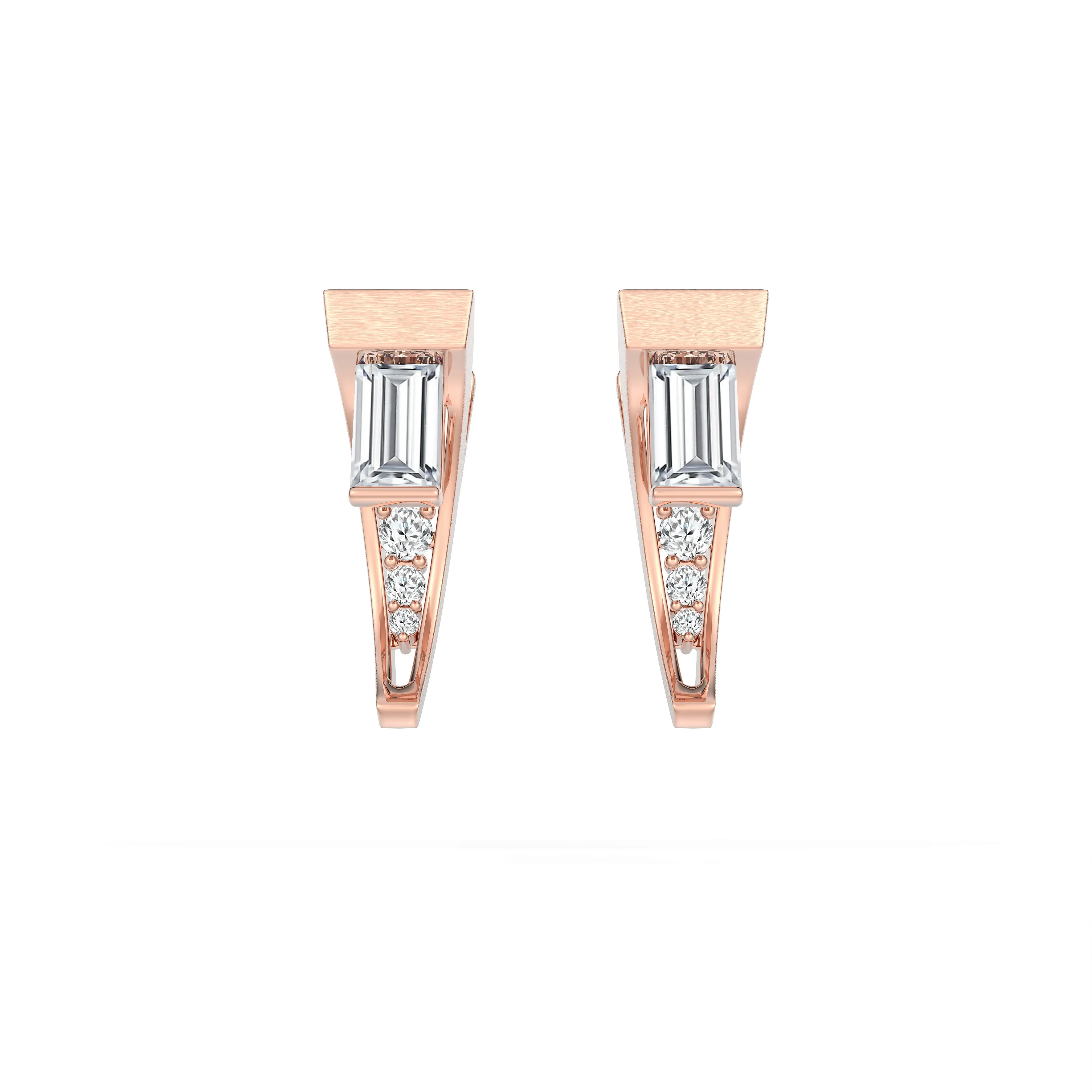 DeGem Respirer Baguette Diamond Earrings in 18K Rose Gold With 2 Baguette Cut Diamonds And 6 Round Brilliant Diamonds - DeGem Malaysia
