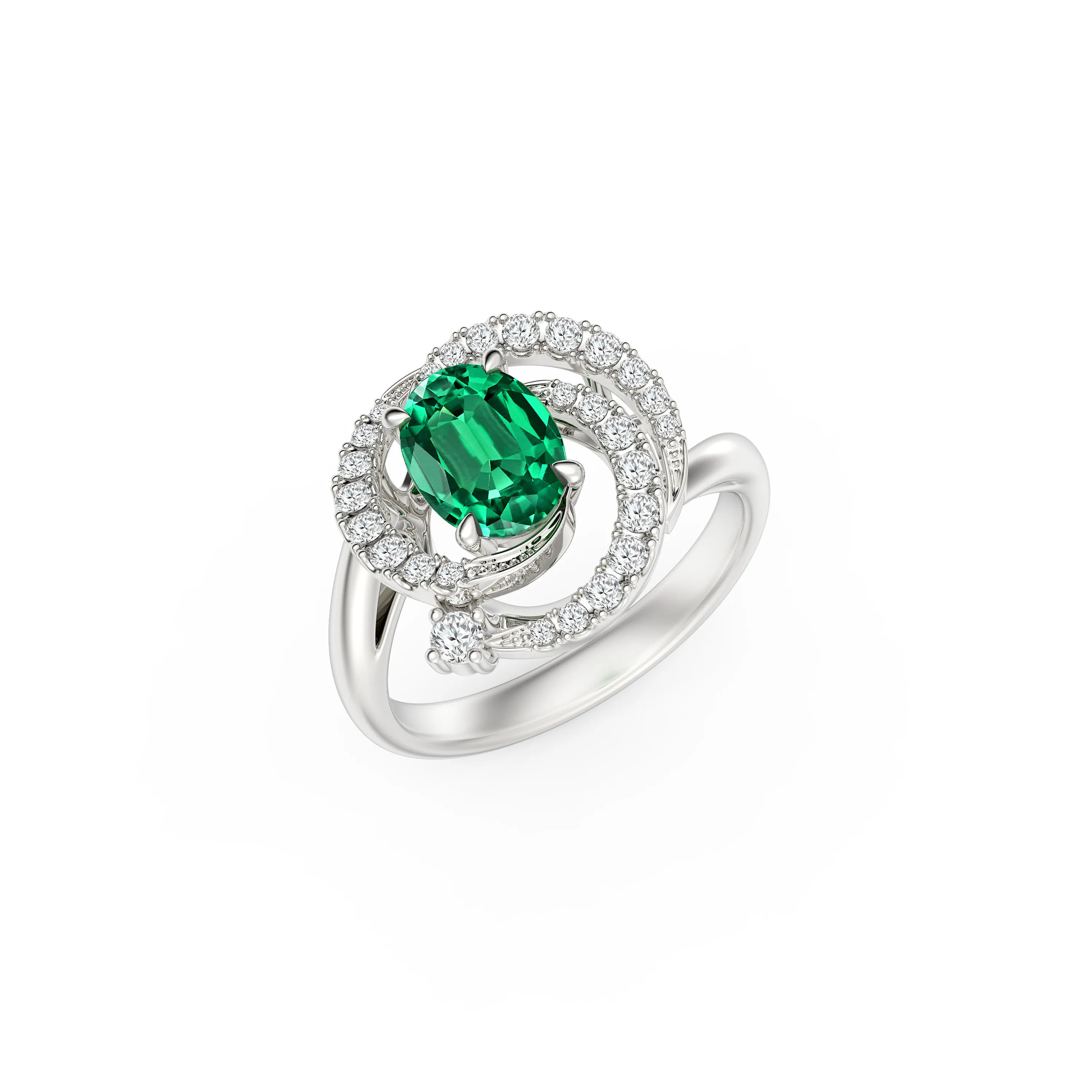 Emerald Eden Diamond Ring Featuring an Oval-Shaped Emerald at its Heart, Encircled by Lively Diamond Waves in an 18K White Gold Setting - DeGem Malaysia