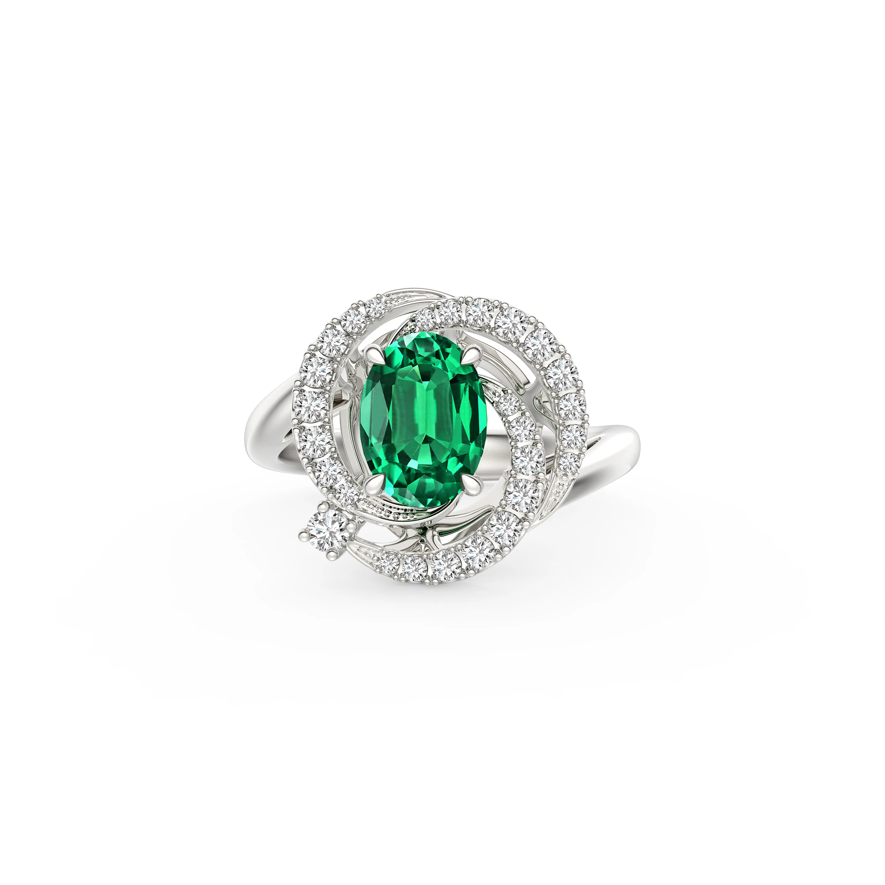 Oval-Cut Emerald Eden Diamond Ring In 18K White Gold With Round Brilliant Diamonds - DeGem Malaysia