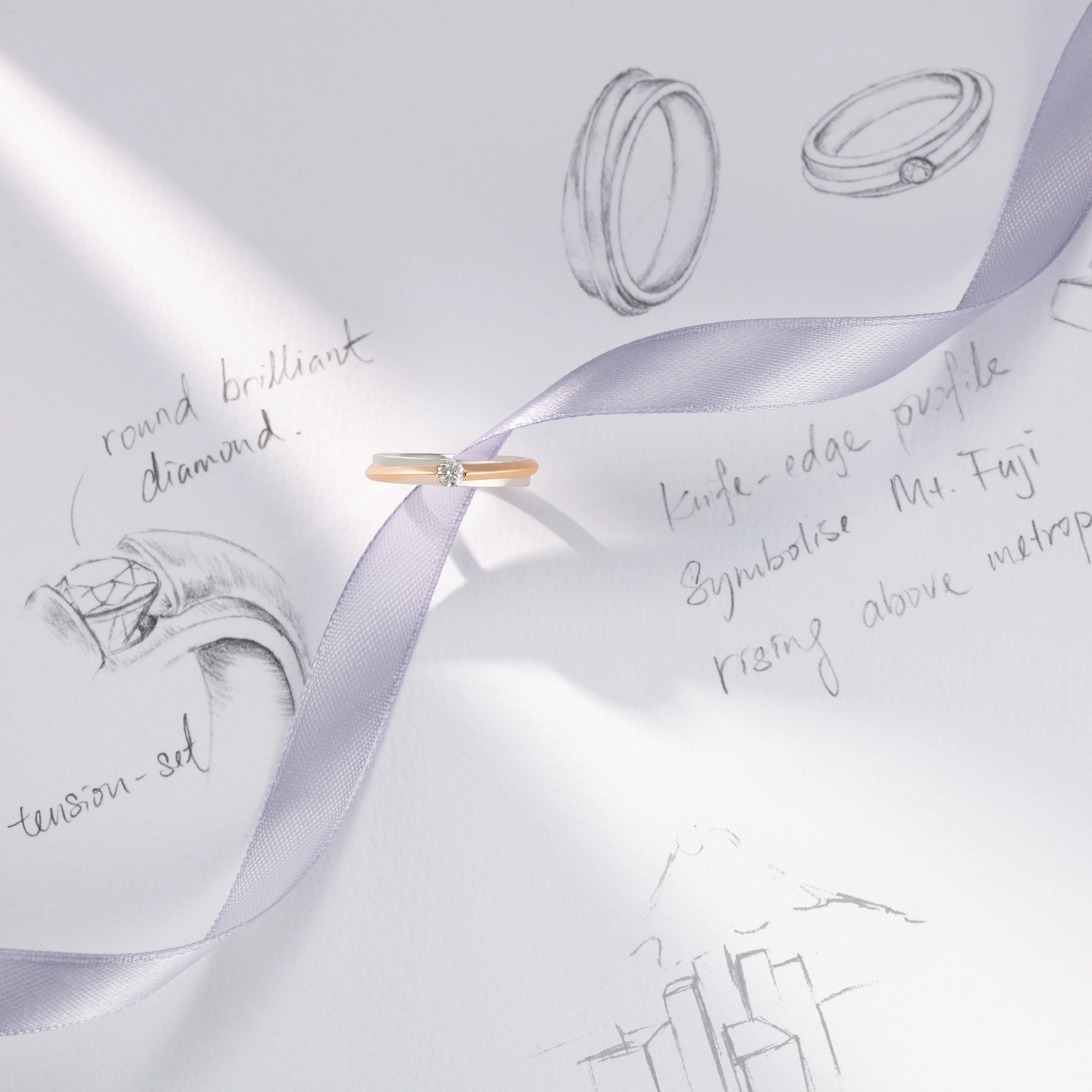 Infinity Tokyo Wedding Band Showcasing a Round Brilliant Cut Diamond in an 18K Rose Gold and White Gold Setting - DeGem Malaysia