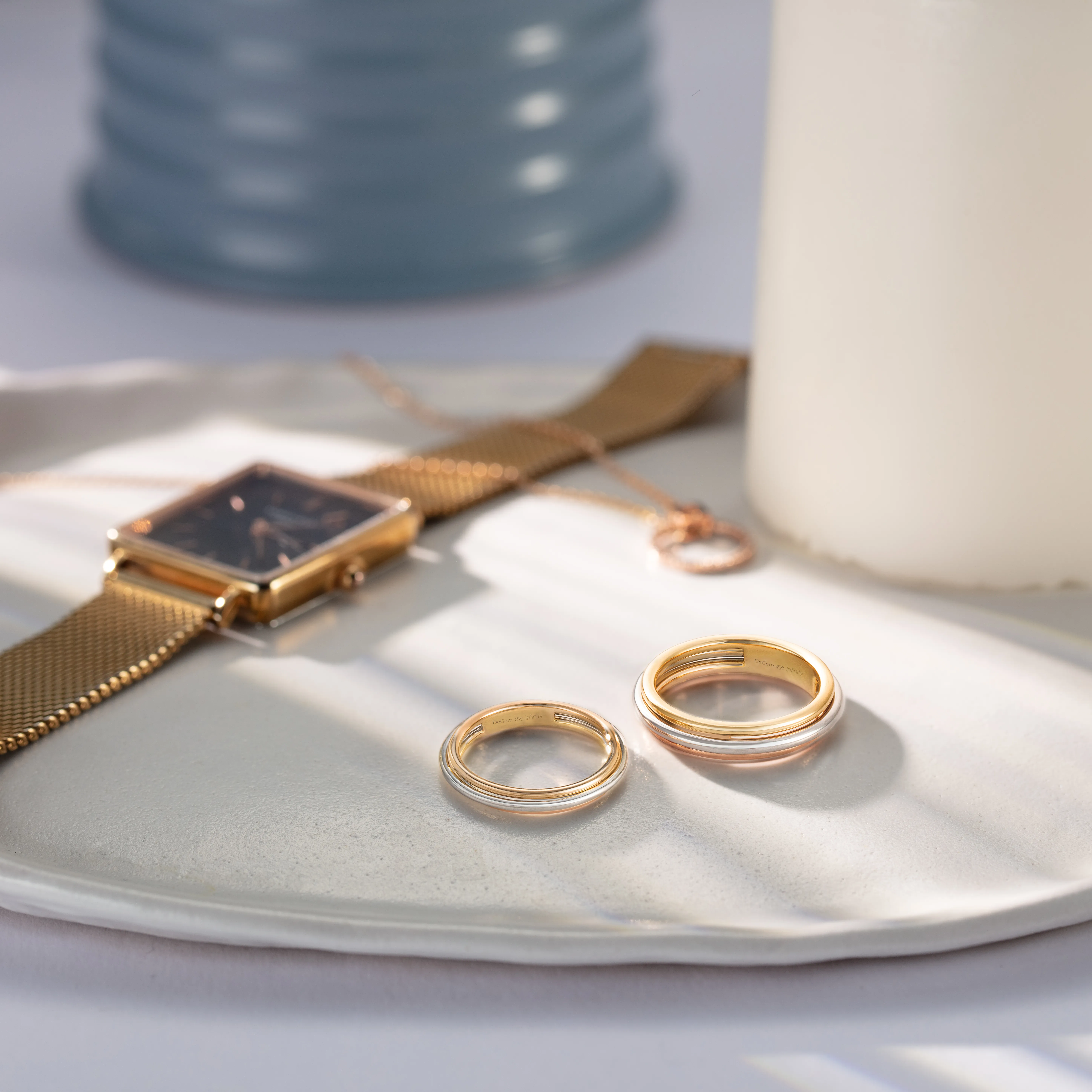 Infinity Lisbon Wedding Band Featuring Tri-Coloured 18K Gold Including White Gold, Rose Gold & Yellow Gold- DeGem Malaysia