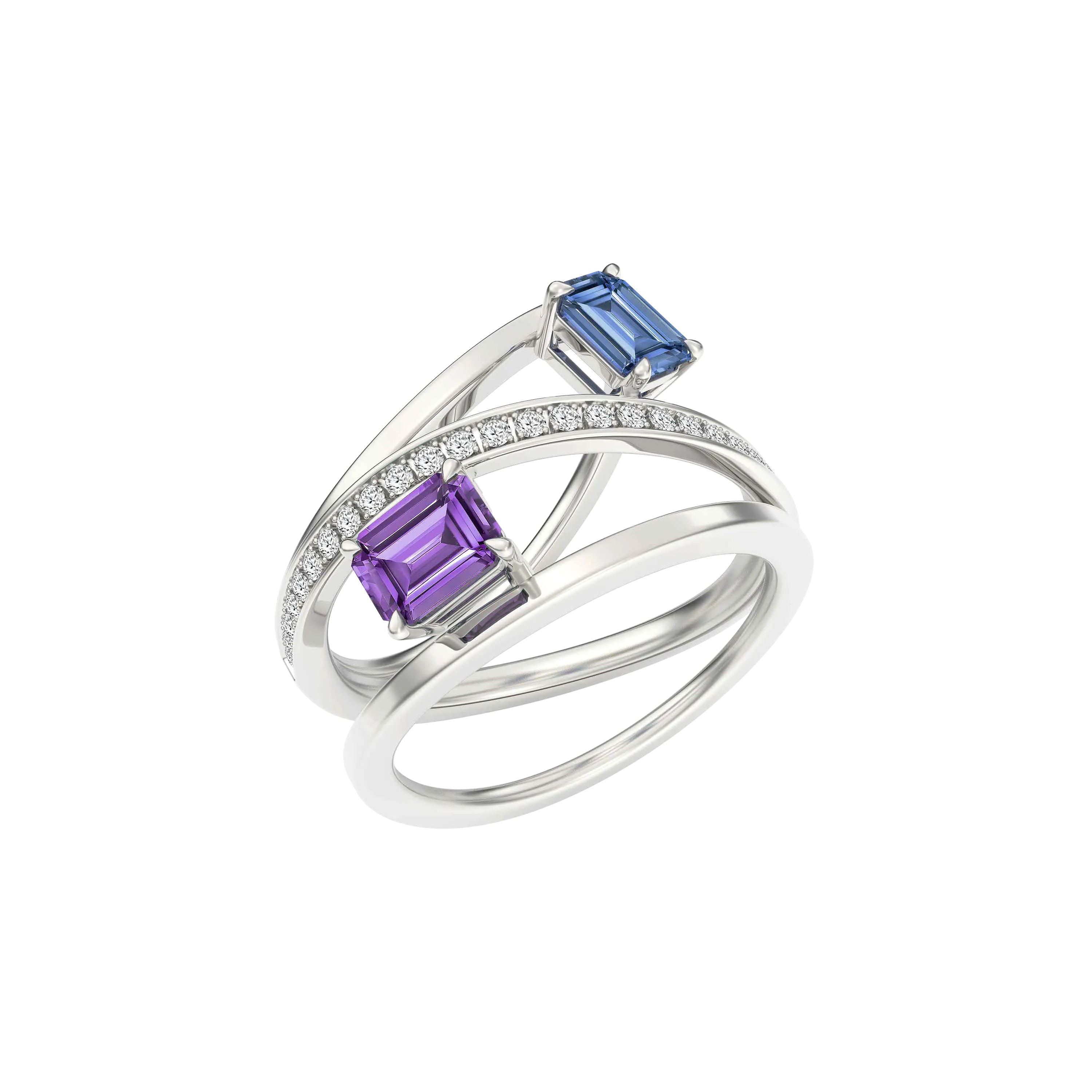 DeGem Toi Et Moi Purple & Blue Sapphire Ring In 18K White Gold With Round Brilliant Diamonds - DeGem Malaysia
