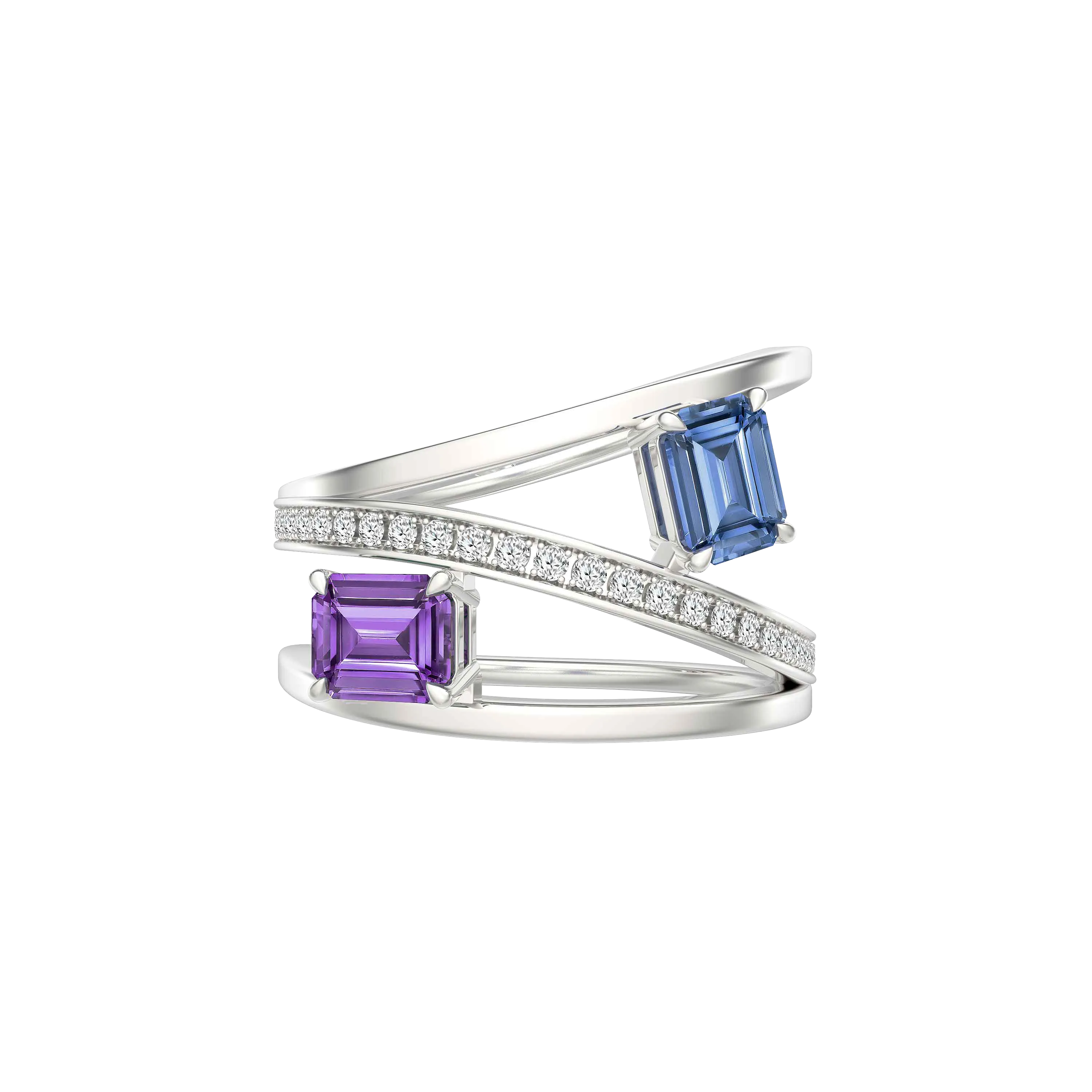 DeGem Toi Et Moi Purple & Blue Sapphire Ring Showcasing Octagonal-Cut Blue and Purple Sapphires Unite on a 18K White Gold Band - DeGem Malaysia