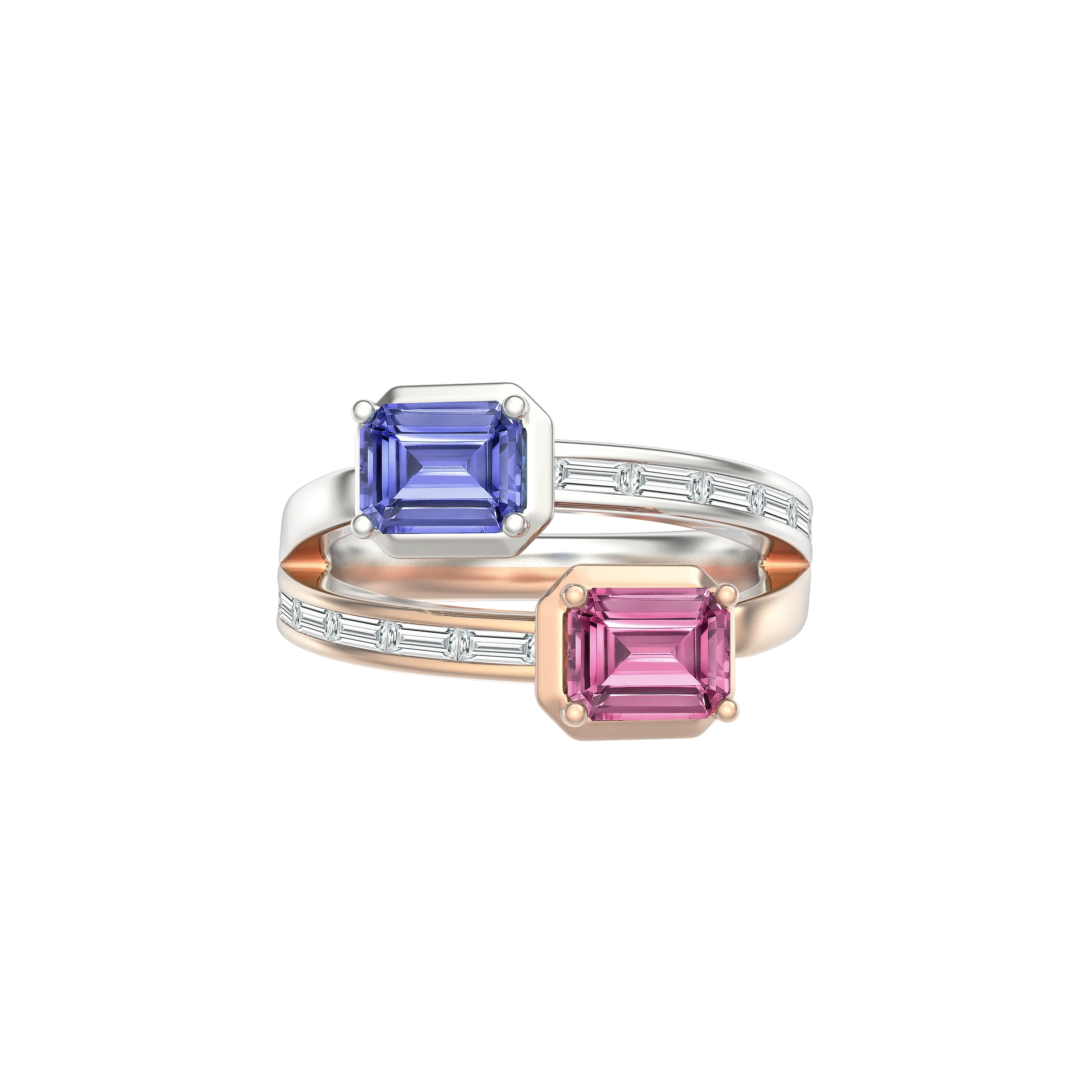 DeGem Toi Et Moi Pink And Purple Sapphire Ring Showcasing Octagonal-Cut Sapphires in 18K White Gold And Rose Gold Band Setting - DeGem Malaysia