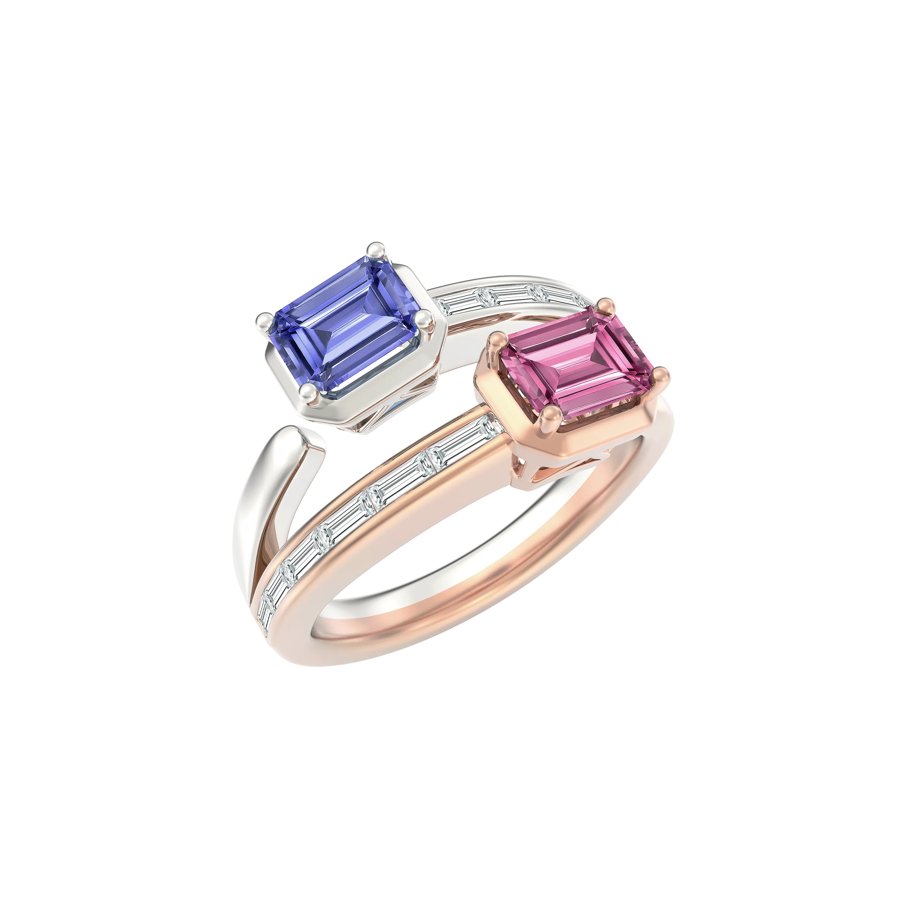 DeGem Toi Et Moi Pink & Purple Sapphire Ring In 18K White Gold and Rose Gold With Baguette Diamonds - DeGem Malaysia