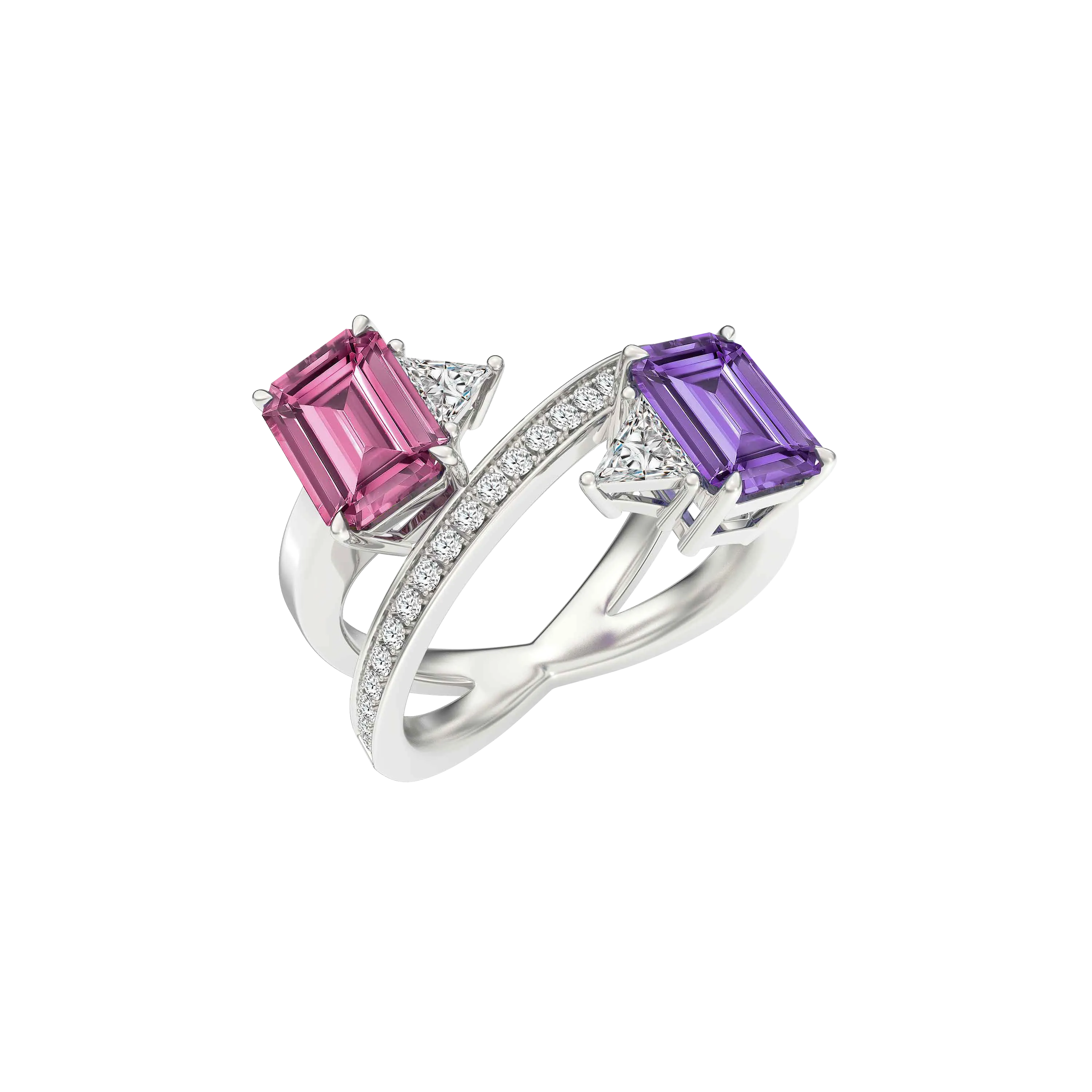 DeGem Toi Et Moi Pink & Purple Oval-shaped Sapphire Ring In 18K White Gold With Round Brilliant Diamonds - DeGem Malaysia