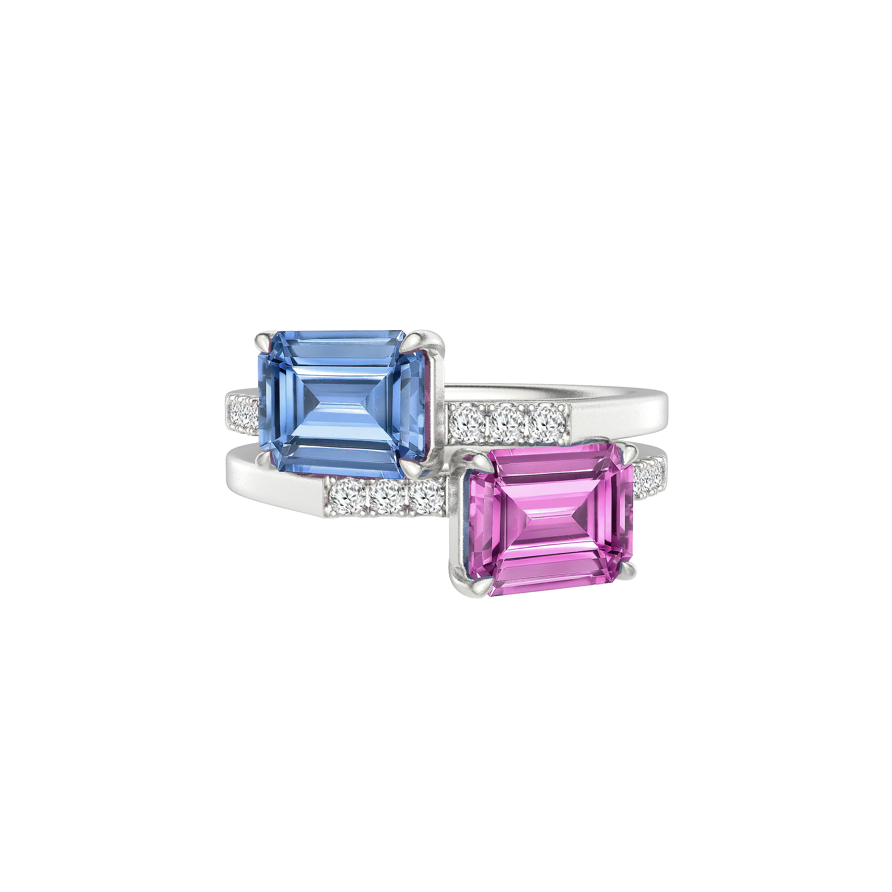 DeGem Toi Et Moi Blue And Pink Sapphire Ring in 18K White Gold Featuring a Striking Combination of Octagonal-Cut Blue and Pink Sapphires - DeGem Malaysia