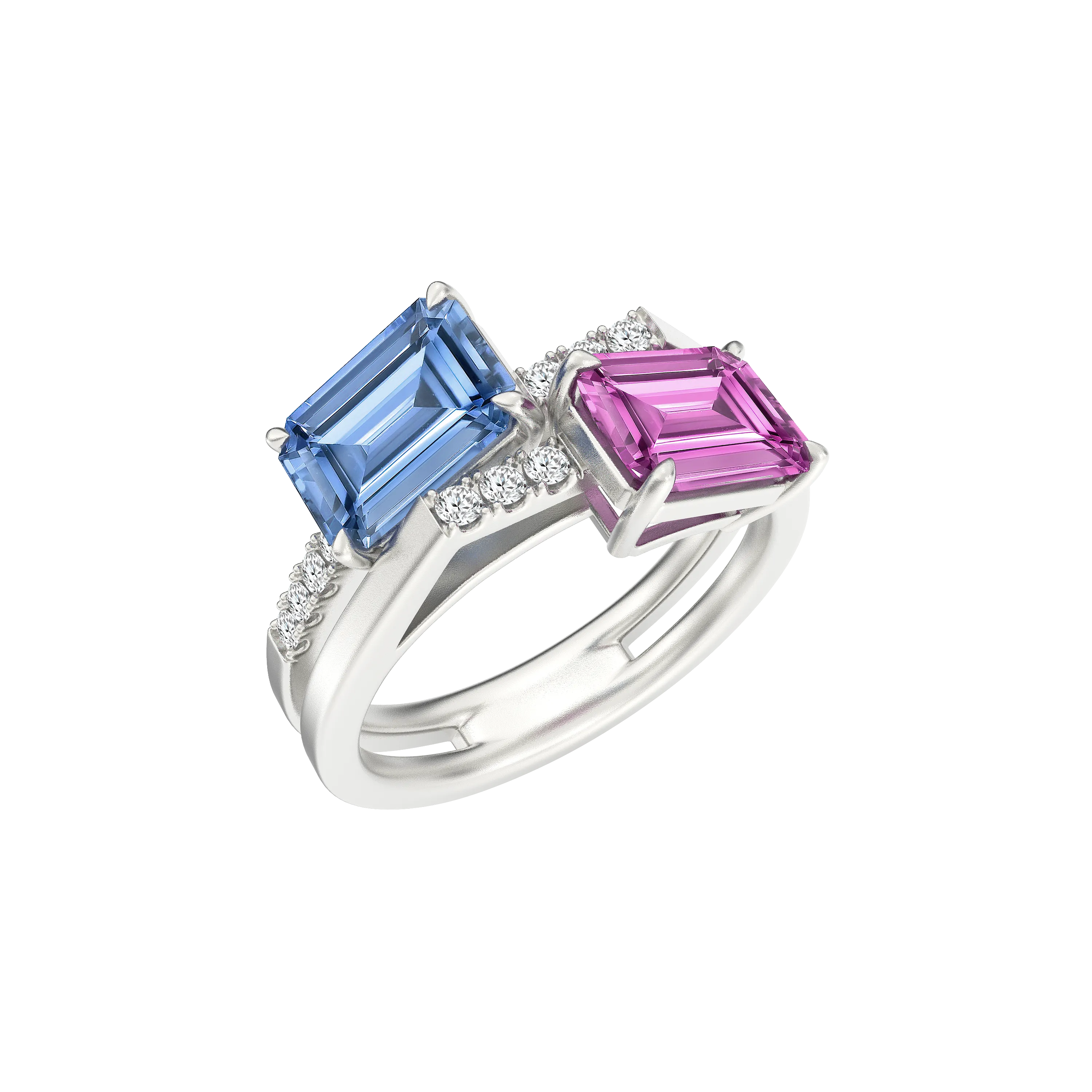DeGem Toi Et Moi Blue & Pink Sapphire Ring In 18K White Gold With Round Brilliant Diamonds - DeGem Malaysia