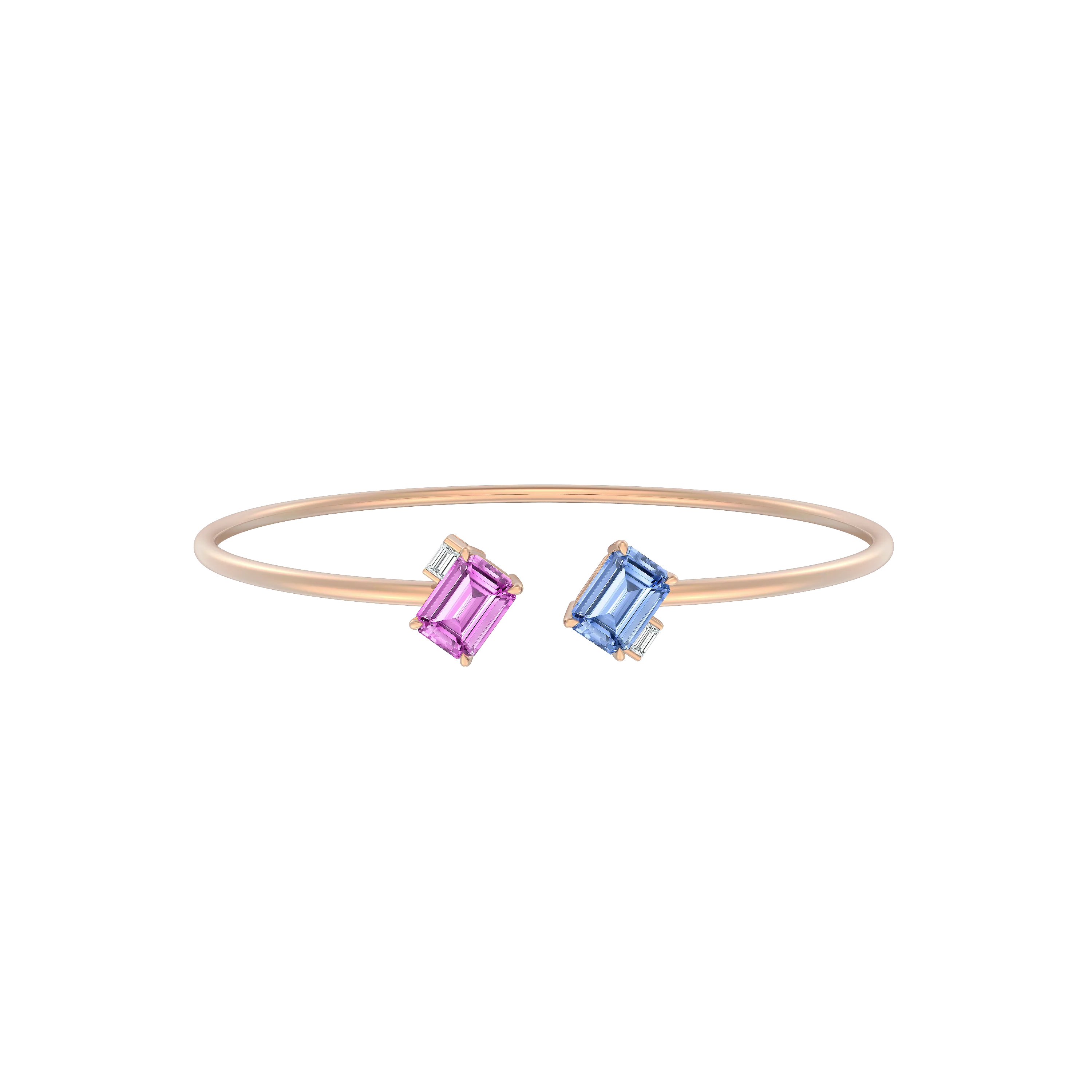 DeGem Toi Et Moi Pink And Blue Sapphire Bangle In 18K Rose Gold With 2 Octagonal-shaped Sapphires And 2 Baguette Diamonds - DeGem Malaysia