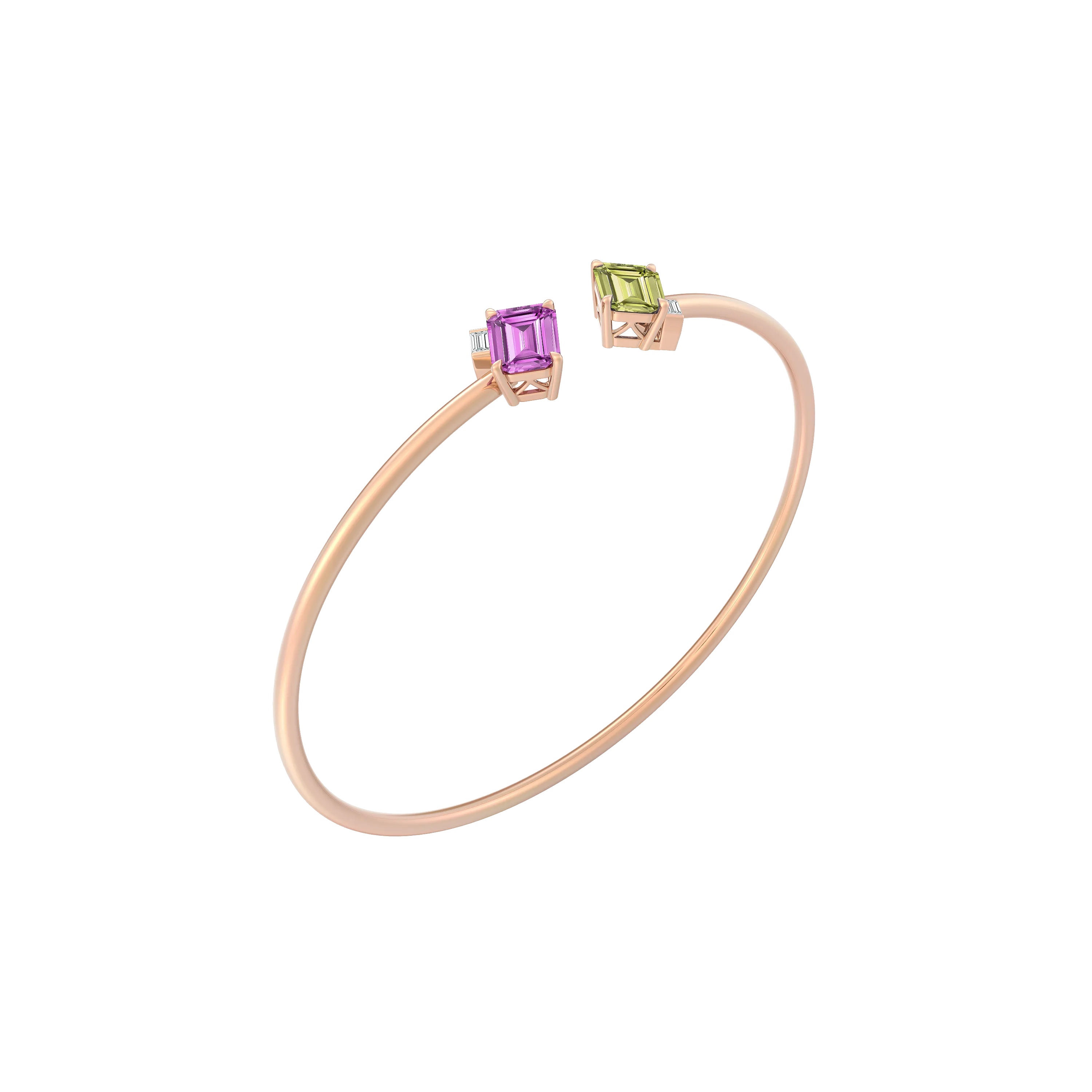 DeGem Toi Et Moi Pink And Blue Sapphire Bangle Showcasing 2 Octagonal-Cut Sapphires Sit at the Ends of the Sleek 18K Rose Gold Open Bangle - DeGem Malaysia