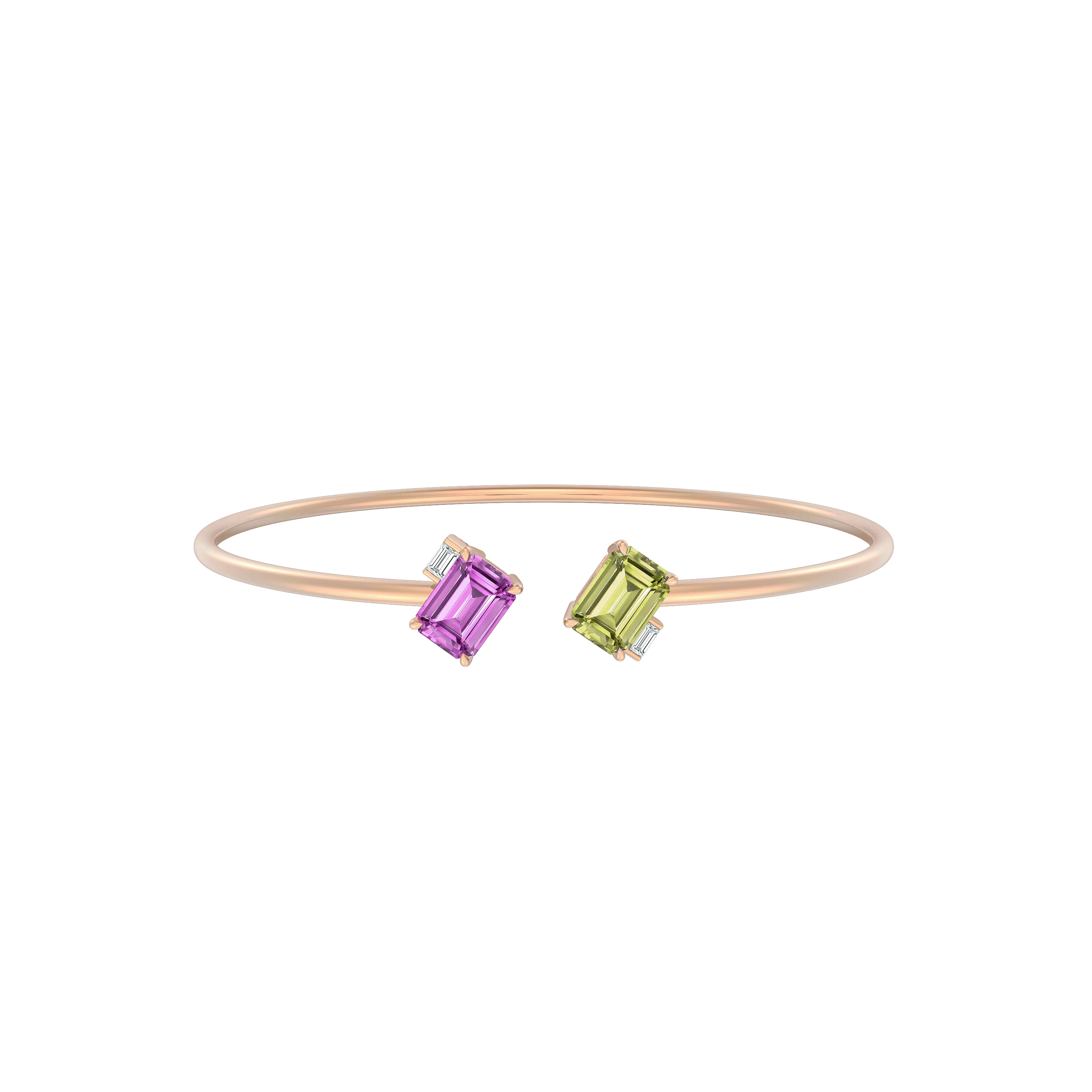 DeGem Toi Et Moi Pink And Blue Sapphire Bangle Featuring a Minimalistic Design with 18K Rose Gold and 2 Octagonal-Cut Sapphires - DeGem Malaysia
