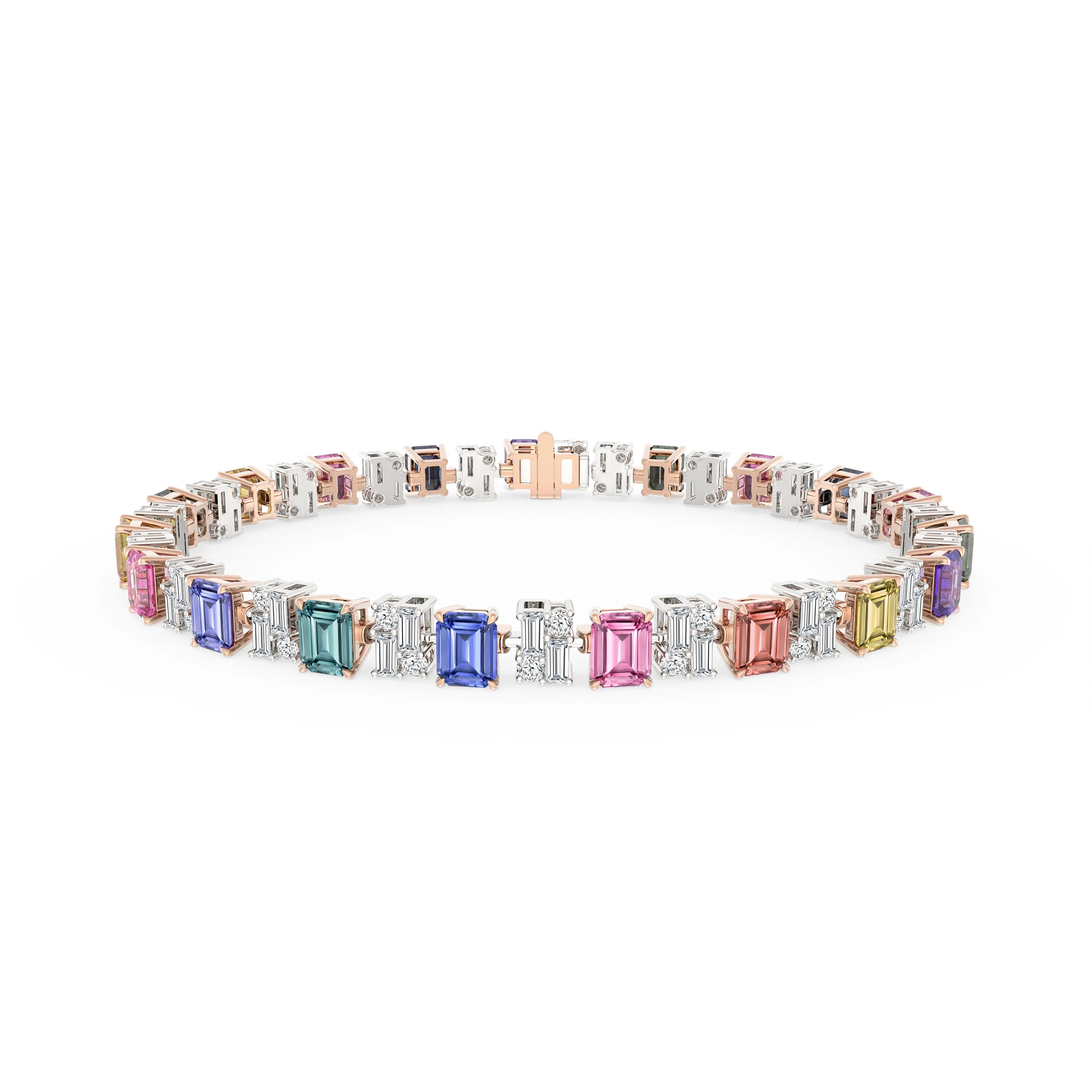 DeGem Multi-Colour Half Carat Sapphire Bracelet In 18K White Gold With 38 Round and 38 Baguette Diamonds Paired With 19 octagonal-shaped Sapphires - DeGem Malaysia