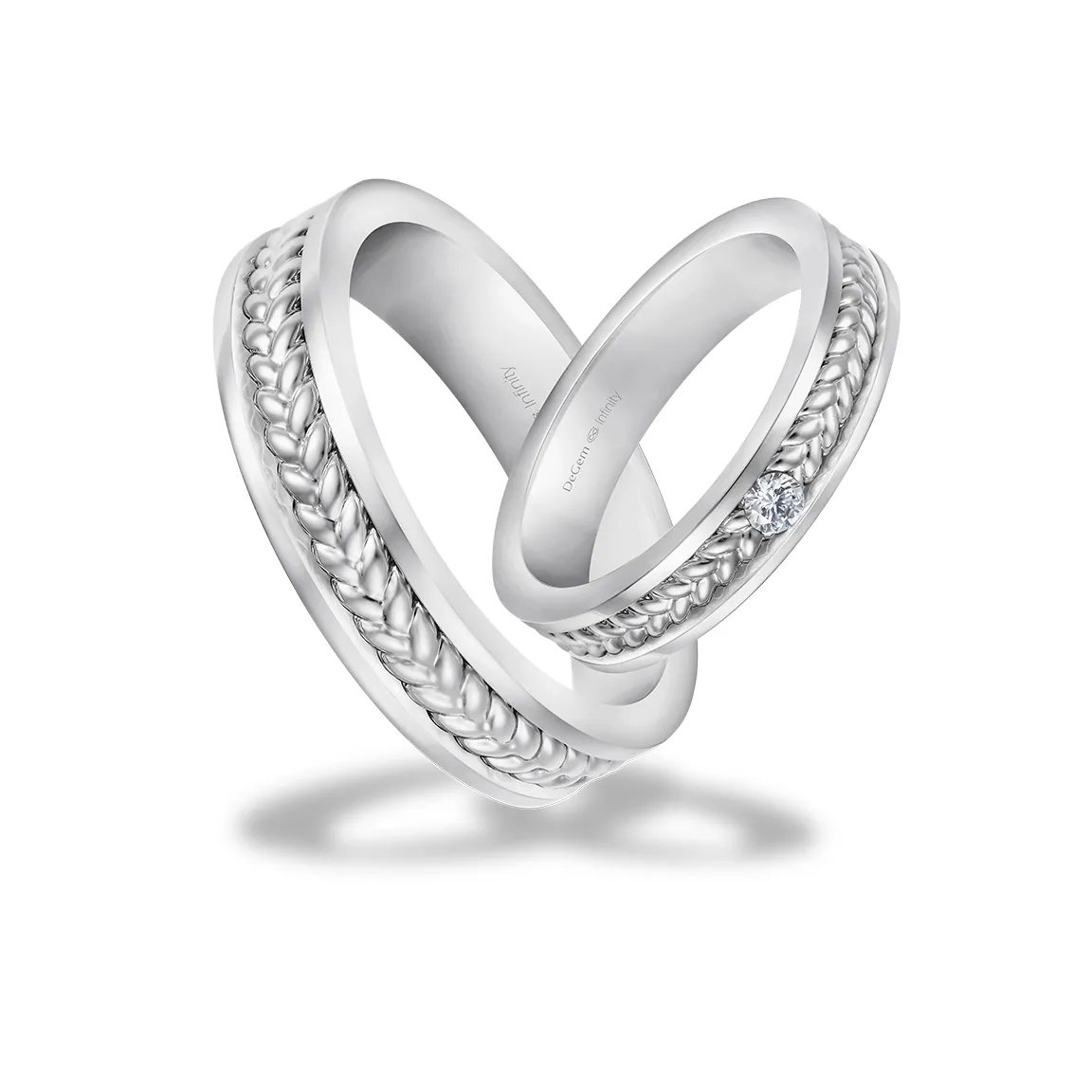 INFINITY® TWINE Wedding Band Featuring 18K White Gold, And 1 Round Brilliant Diamond On The Female Band - DeGem Malaysia