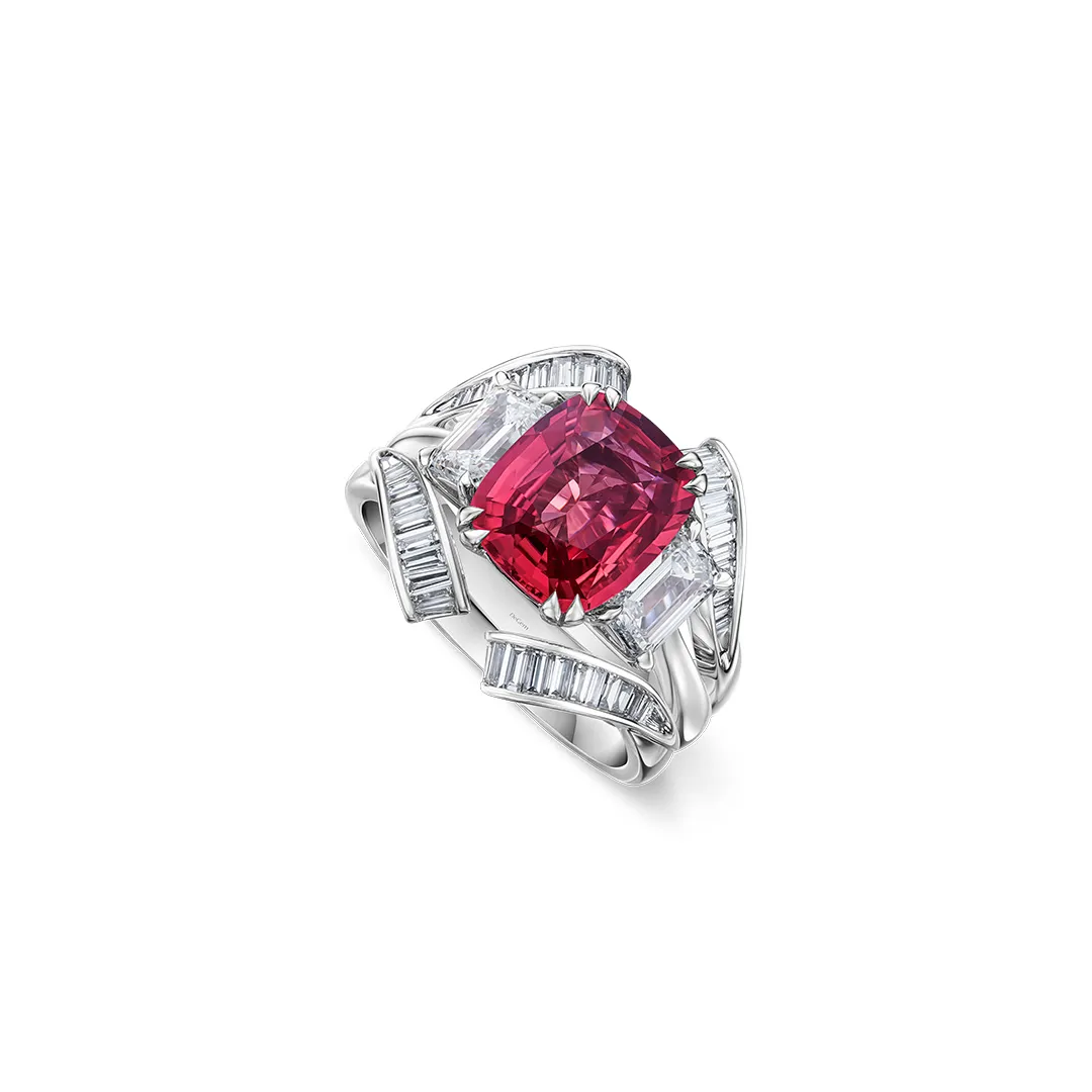 DeGem Morphe Ring with Padparadscha Sapphire available in 18K white gold with 1 piece of Cushion cut Padparadscha in 2.72 carats