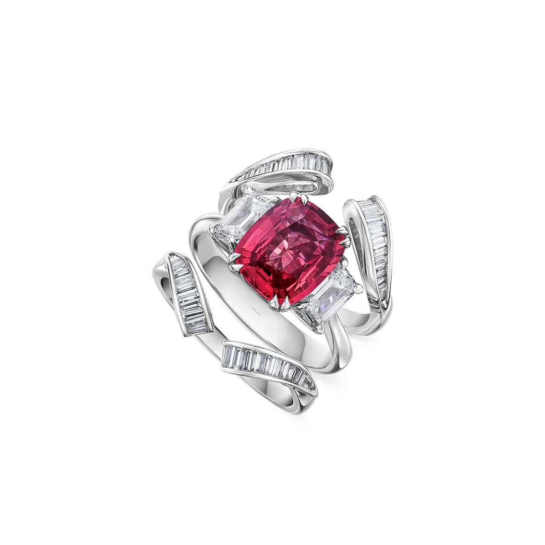DeGem Morphe Ring with Padparadscha Sapphire available in 18K white gold with Morphe ring jackets set in 24pcs tapered diamonds