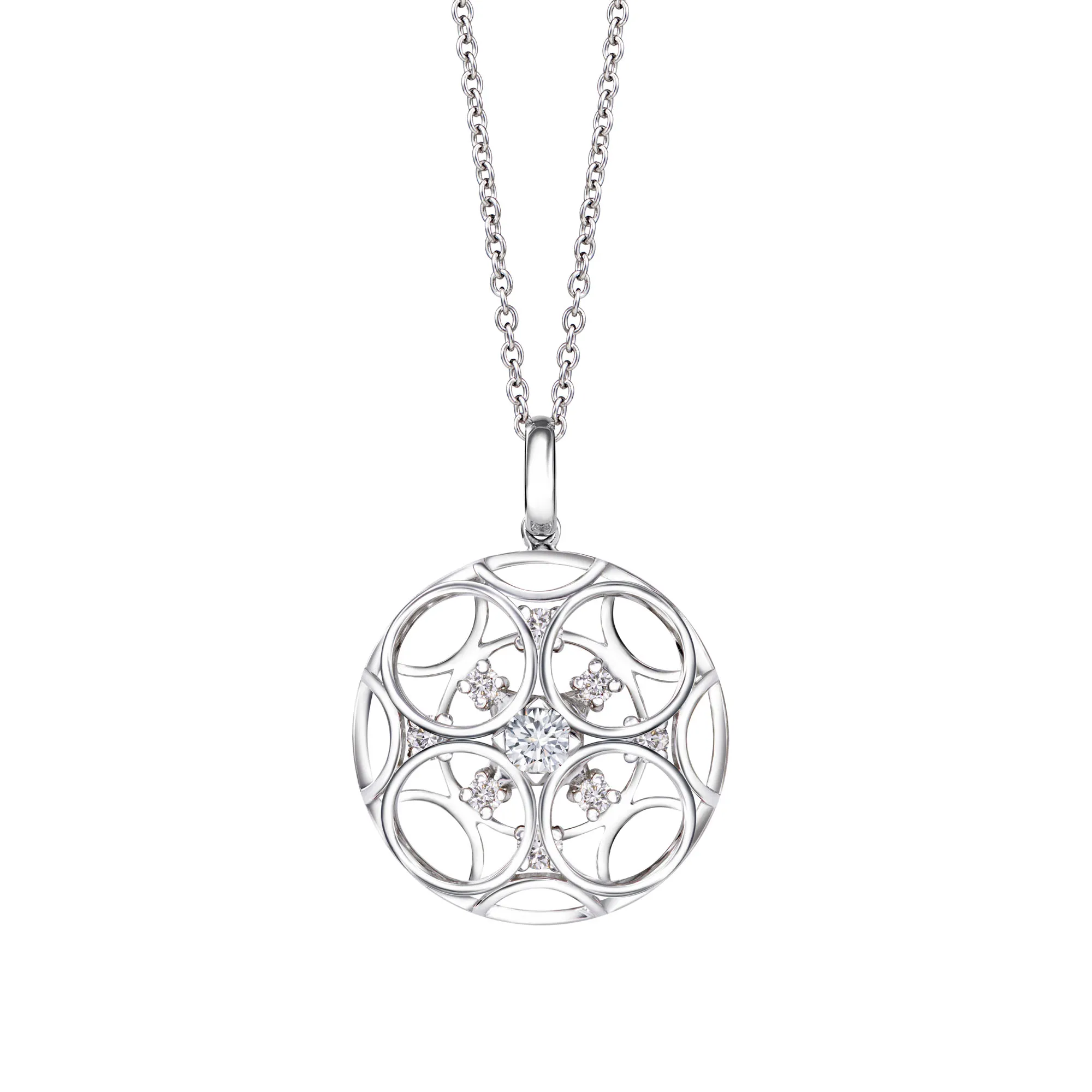 DeGem Pinwheels Diamond Necklace Featuring 18K White Gold with Round Diamonds - DeGem Malaysia