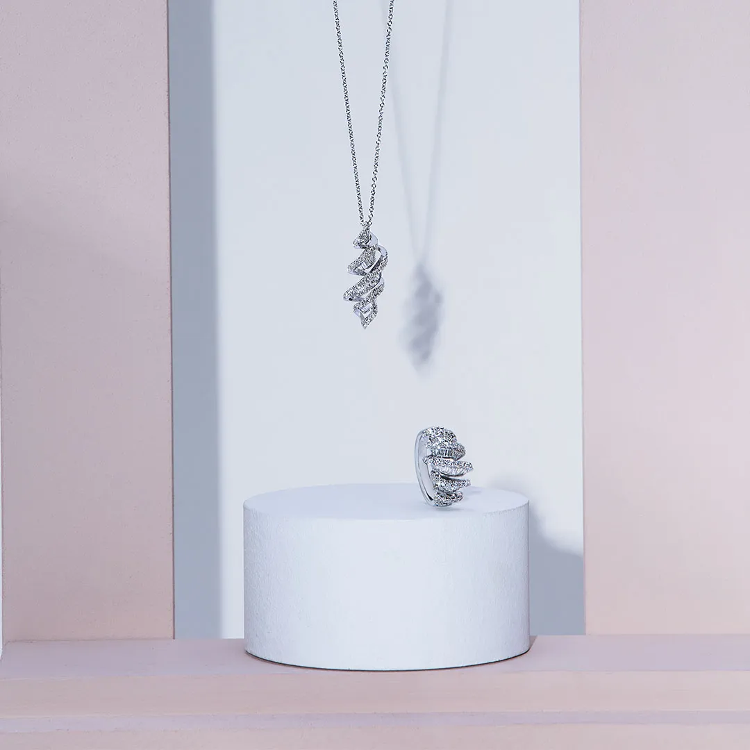 "DeGem DNA Diamond Necklace Inspired by the DNA Double Helix Motifs, Featuring 18K White Gold, 41 Brilliant-Cut Round Diamonds, and 27 Tapered Cut Diamonds - DeGem Malaysia"