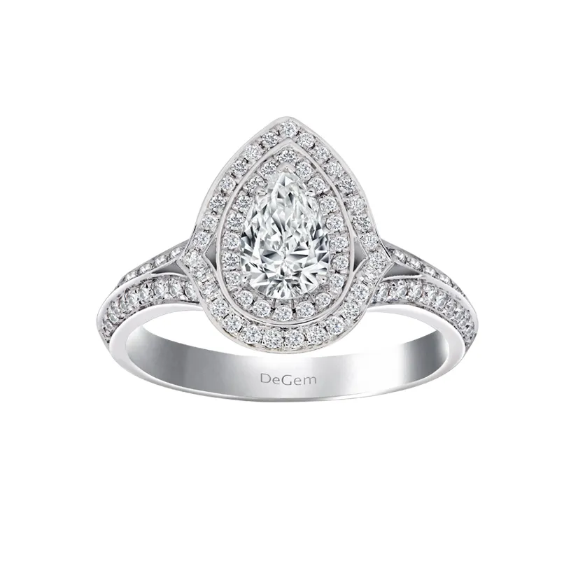 Pear Cut Solitaire Ring with Pavé Diamonds 18K White Gold Engagement Ring - DeGem Malaysia