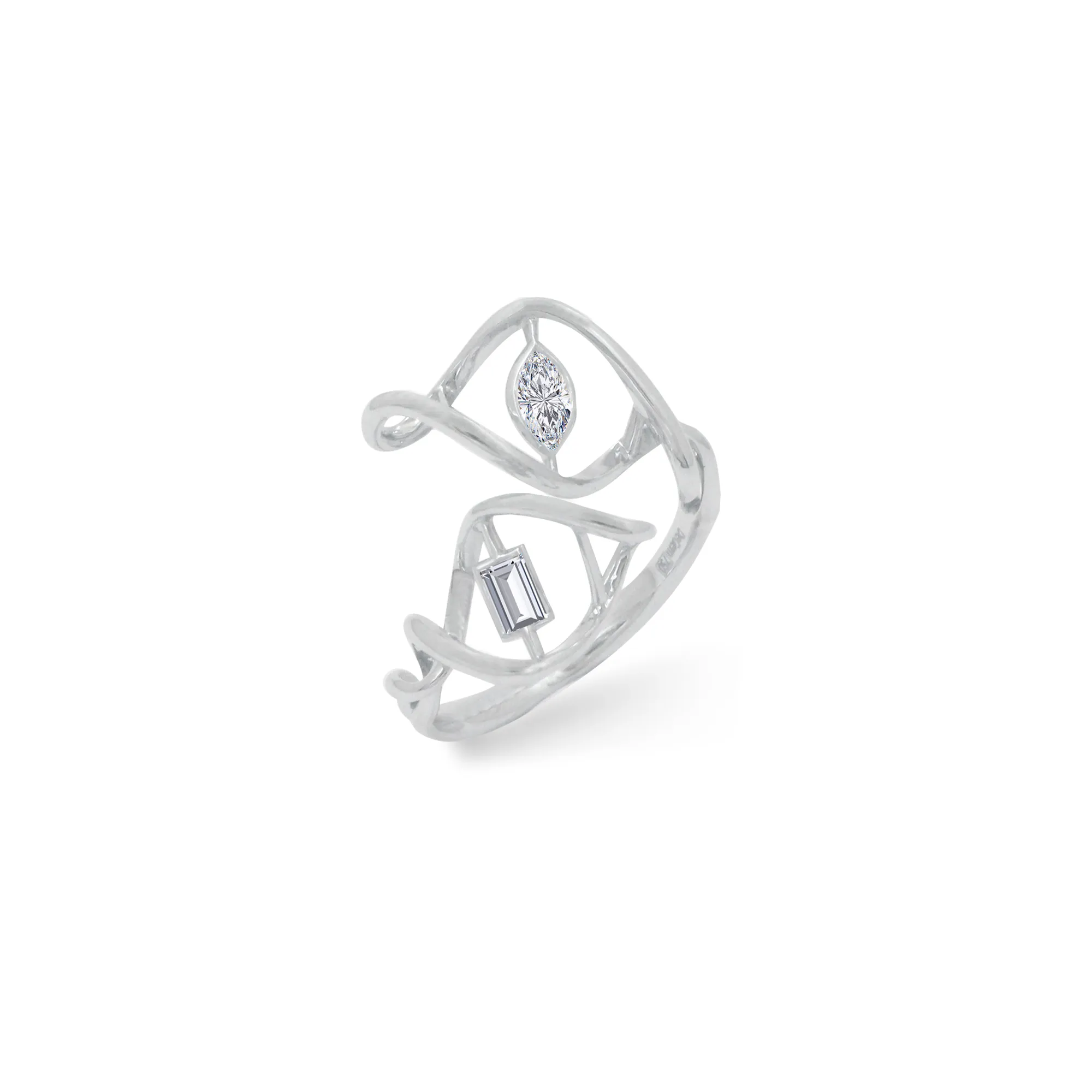 DeGem DNA Diamond Ring Featuring a DNA Double Helix Motif with 18K White Gold, a Marquise Diamond, and a Baguette Diamond - DeGem Malaysia