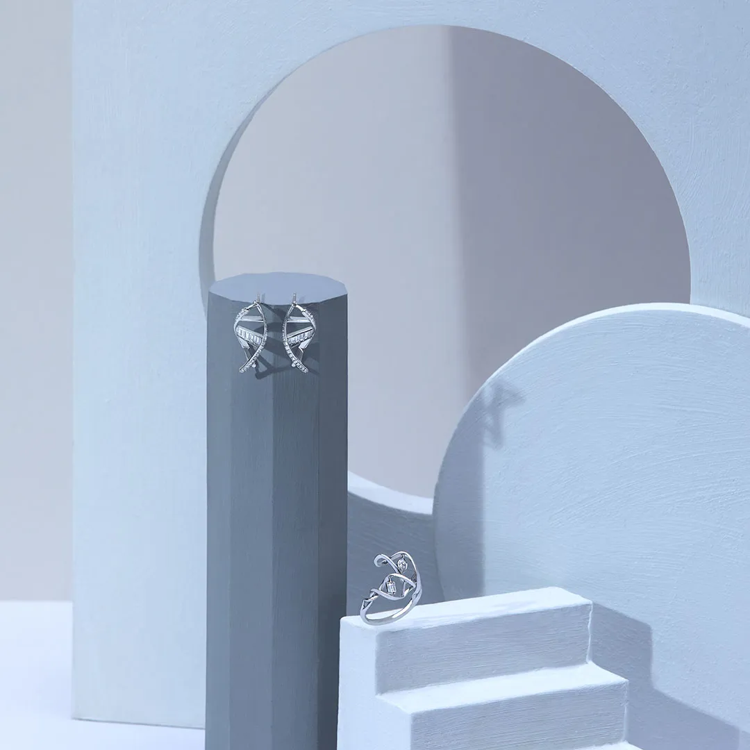 DeGem DNA Diamond Ring with Minimalistic Design Featuring 18K White Gold with 1 Marquise diamond and 1 Baguette Diamond - DeGem Malaysia