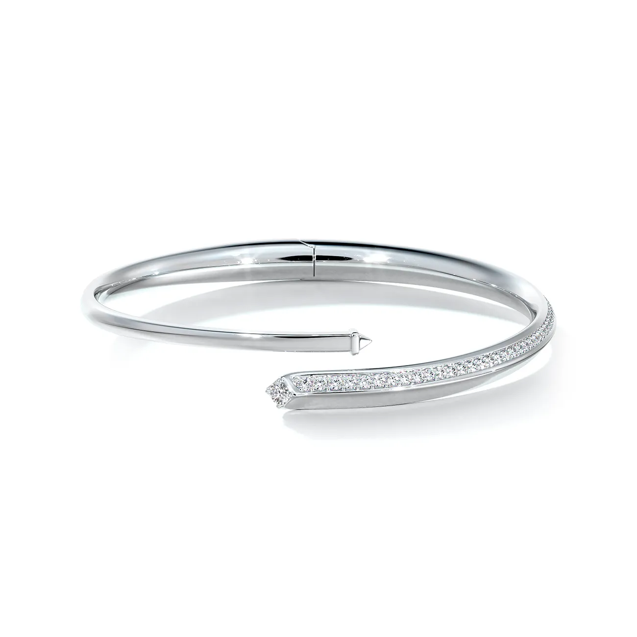 Forevermark Avaanti Pavé Diamond Bypass Bangle in 18K White Gold Fashioned with Overlapping Ends Accented with Pavé Diamonds and a De Beers Forevermark Diamond at the Top - DeGem Malaysia