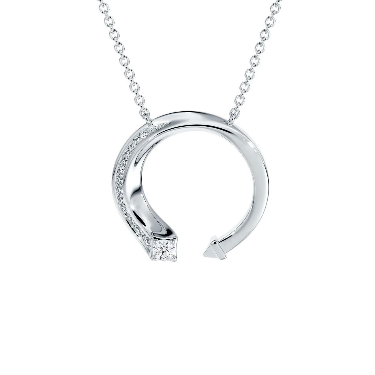 Forevermark Avaanti Grand Pavé Diamond Pendant in 18K White Gold Showcasing a De Beers Forevermark Diamond Followed by a Curve of Pavé Diamonds - DeGem Malaysia