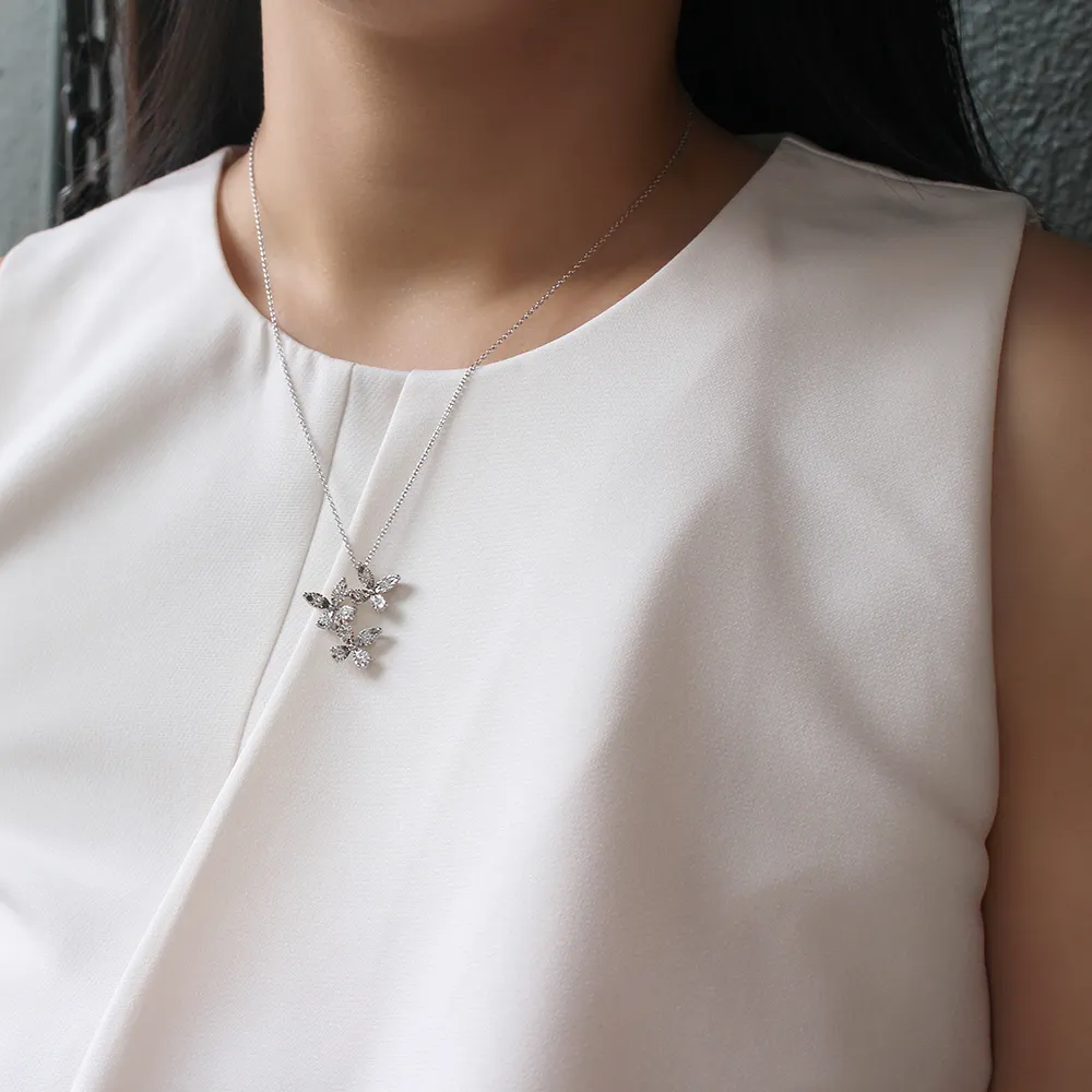 DeGem Flutter Diamond Necklace Featuring a Trio of Butterflies Encrusted with Diamonds Set in a 18K White Gold Setting - DeGem Malaysia