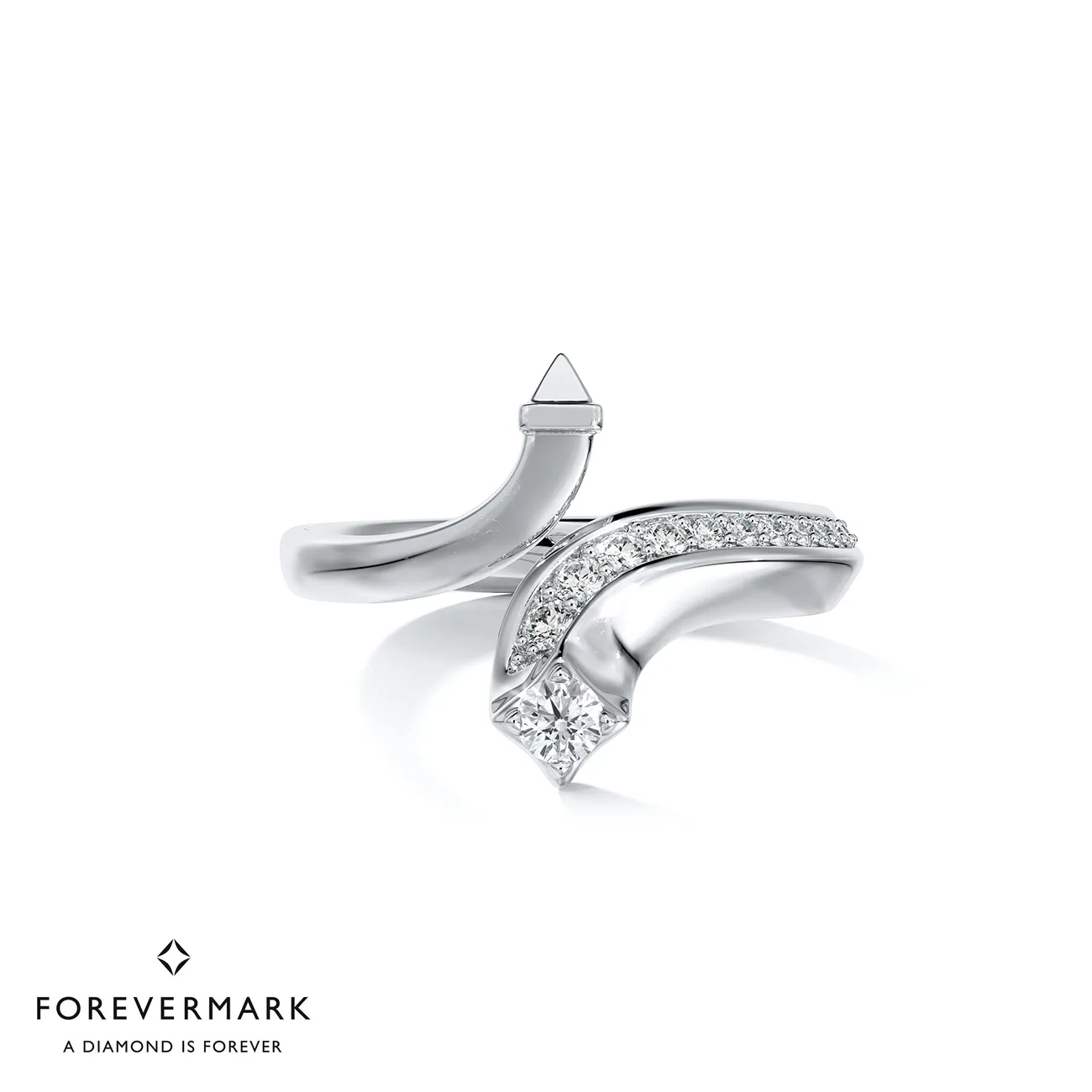 Forevermark Avaanti Pavé Swirl Diamond Ring in 18K White Gold Showcasing a De Beers Forevermark Diamond with Swirled Endings of Pavé Diamonds - DeGem Malaysia