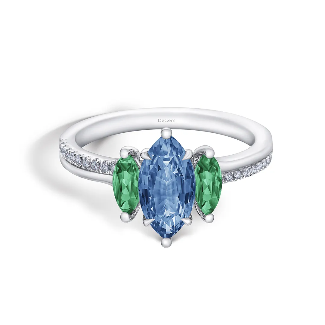 DeGem Trinity Ring In 18K White Gold With Blue Spinel, Green Emeralds And Micro Pavé Round Brilliant Cut Diamonds - DeGem Malaysia