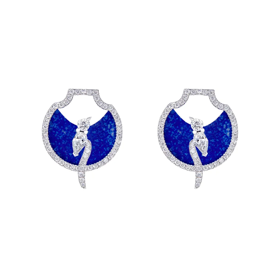 DeGem W!nk Diamond Earrings In 18k White Gold With 12 Pieces Of Pear Shape Diamonds Paired With 100 pieces Of Round Diamonds And A Piece Of Lapis - DeGem Malaysia