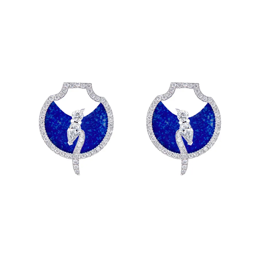 DeGem W!Nk Diamond Earrings Inspired by the Bird Motives, Featuring Lapis and Special Cut Diamonds Set in 18K White Gold - DeGem Malaysia