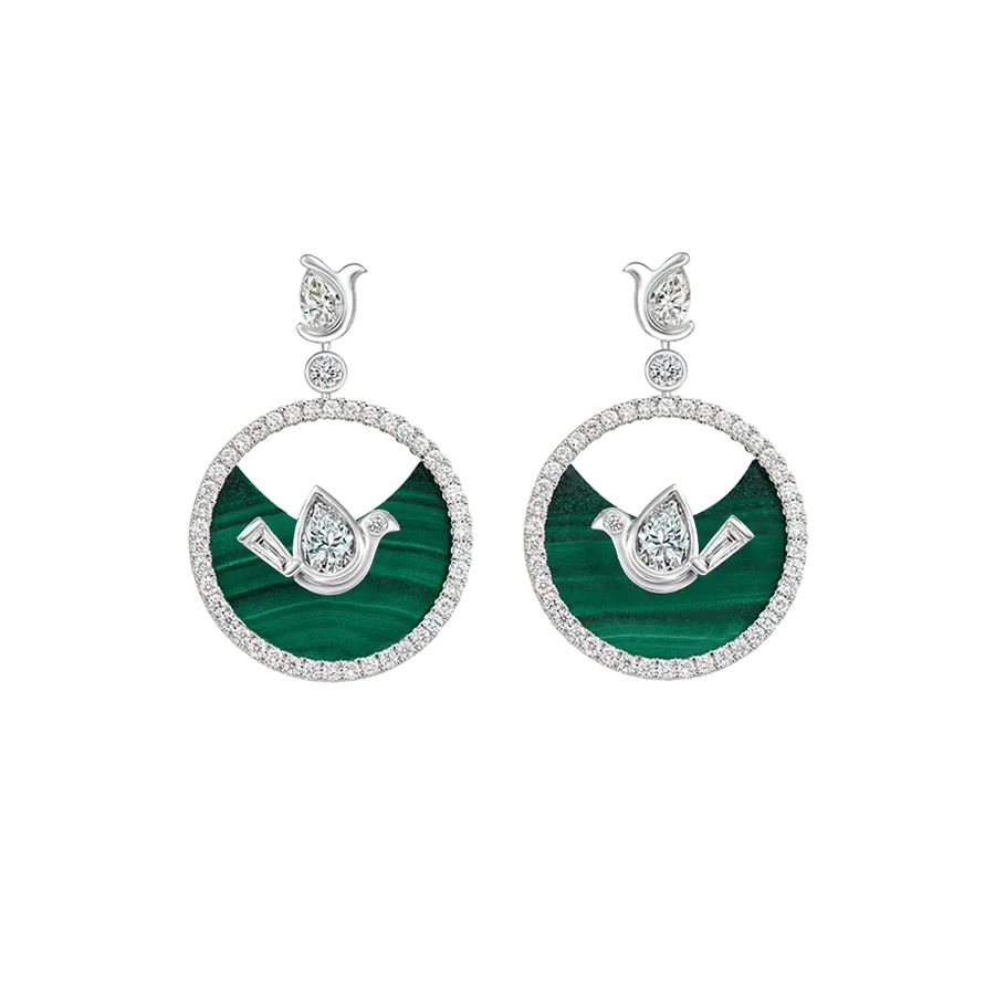 DeGem W!Nk Diamond Earrings Featuring 4 Pieces of Pear Shape Diamonds and a Piece of Malachite in 18K White Gold - DeGem Malaysia