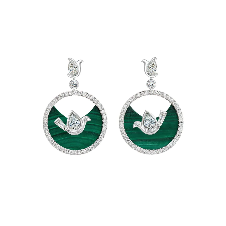 DeGem W!Nk Diamond Earrings Inspired by the Bird Motives, Featuring 4 Pieces of Pear Shape Diamonds and a Piece of Malachite - DeGem Malaysia