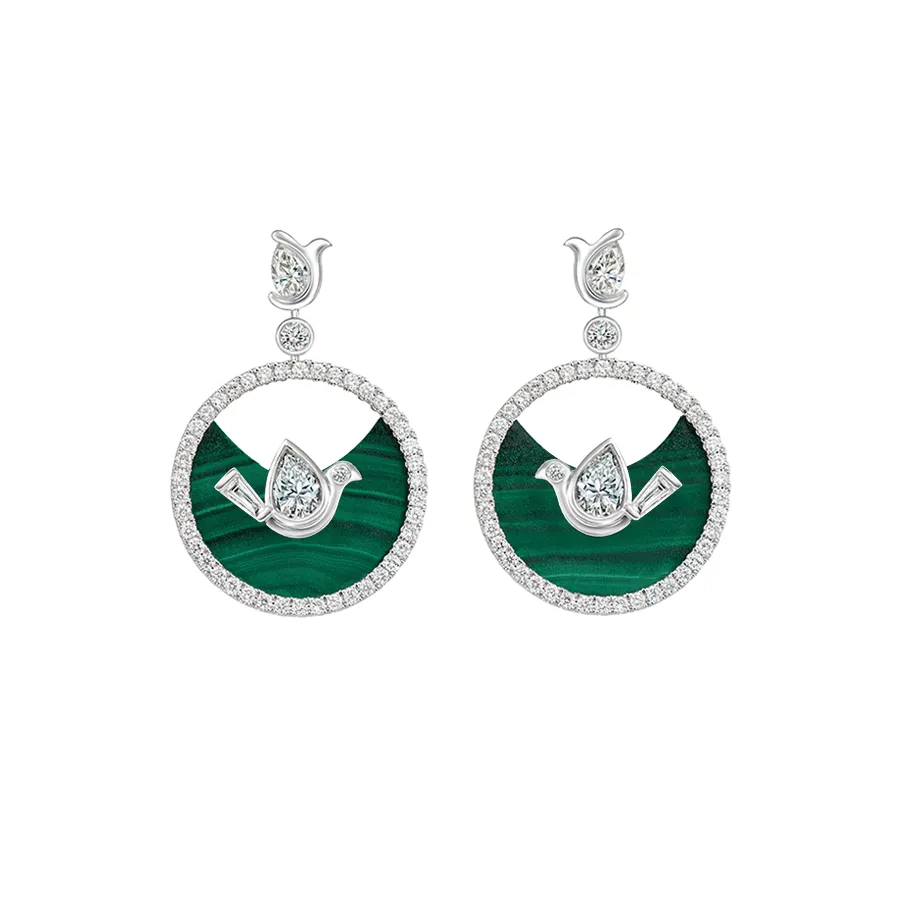 DeGem W!nk Earrings In 18K White Gold With Pear Cut Diamonds And Green Malachite - DeGem Malaysia