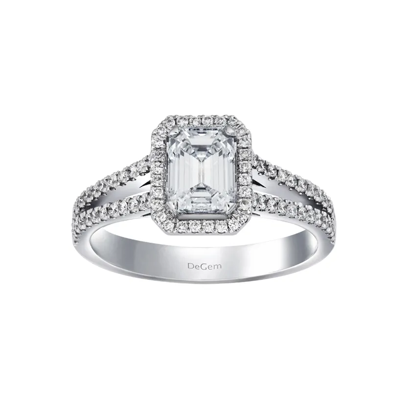 Emerald Cut Solitaire Diamond with Pavé Diamonds 18K White Gold Engagement Ring - DeGem Malaysia