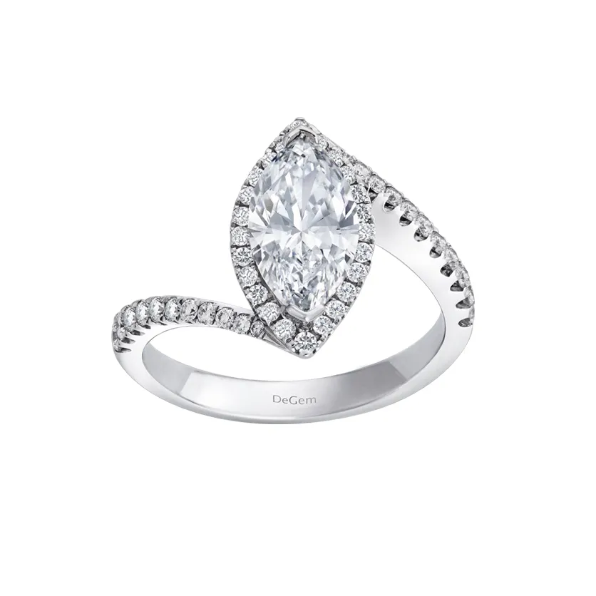 Marquise Cut Solitaire Diamond with Pavé Diamonds 18K White Gold Engagement Ring - DeGem Malaysia
