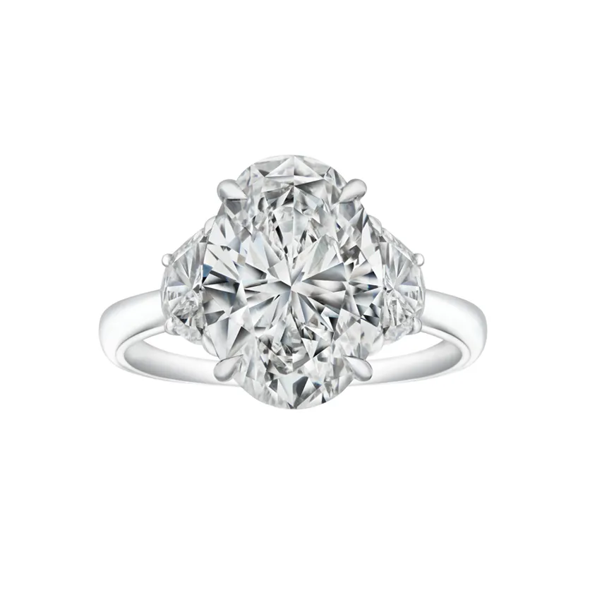 Oval Cut Solitaire Diamond with Pear Side Stones 18K White Gold Engagement Ring - DeGem Malaysia